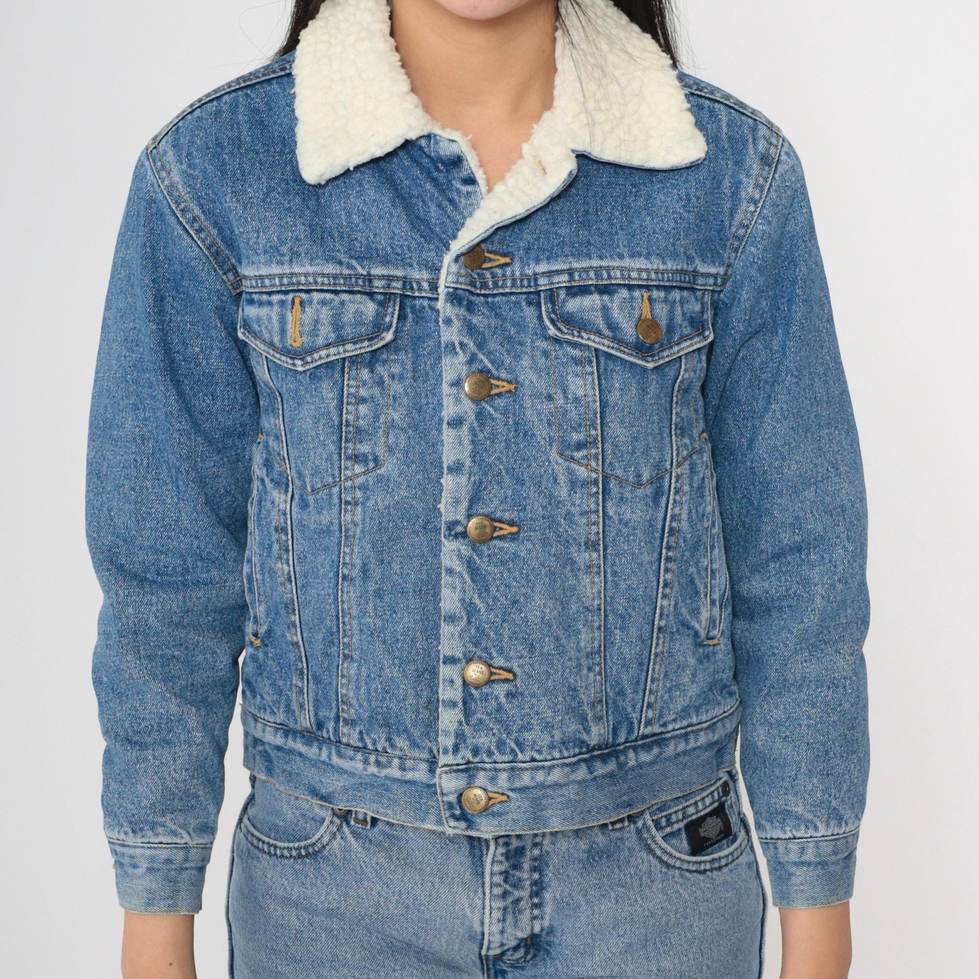 90s Blue Denim Shearling Jacket Faux Fleece Lined Button Up XXS