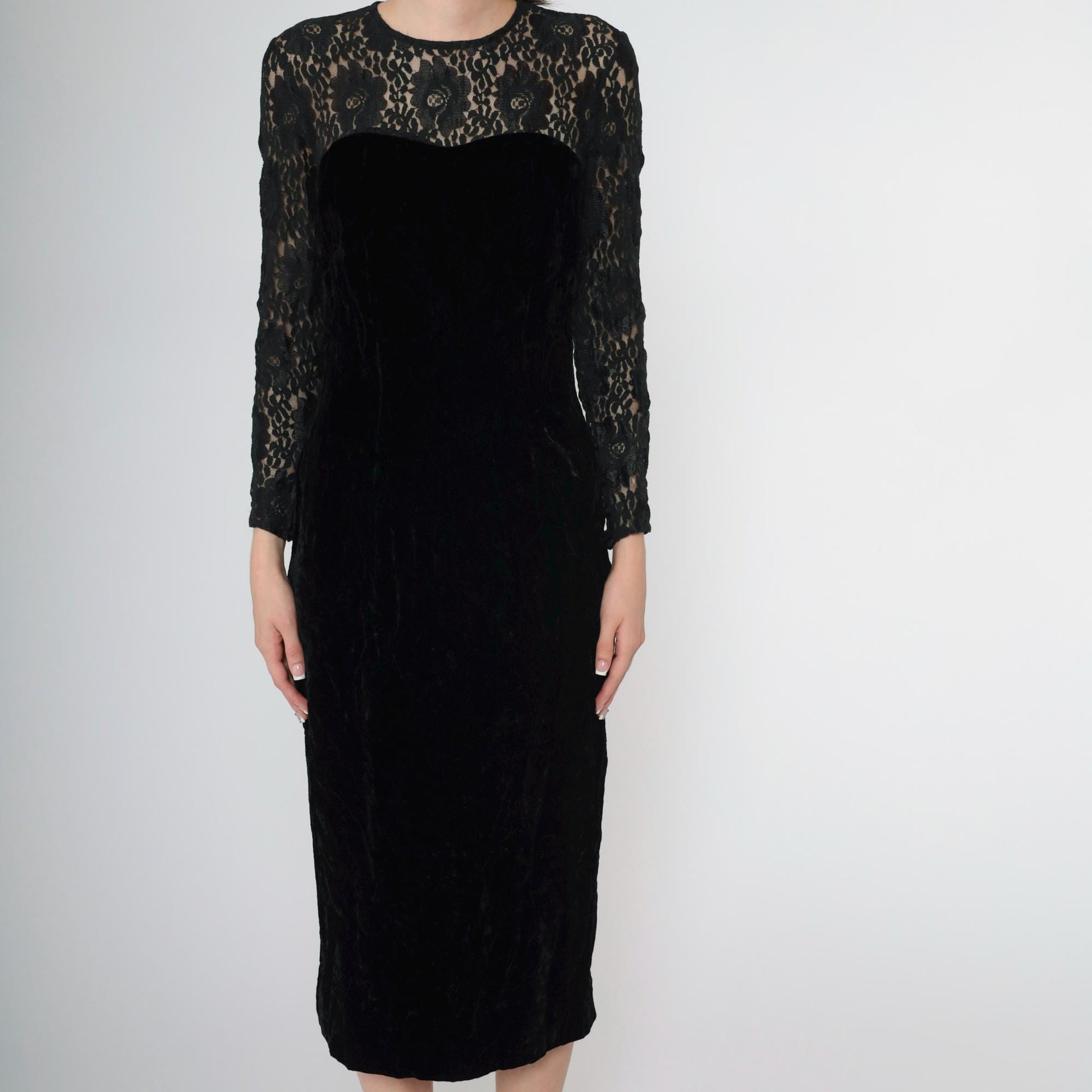80s Depeche Black Velvet Midi Dress Lace Sleeves Sweetheart Neckline Small