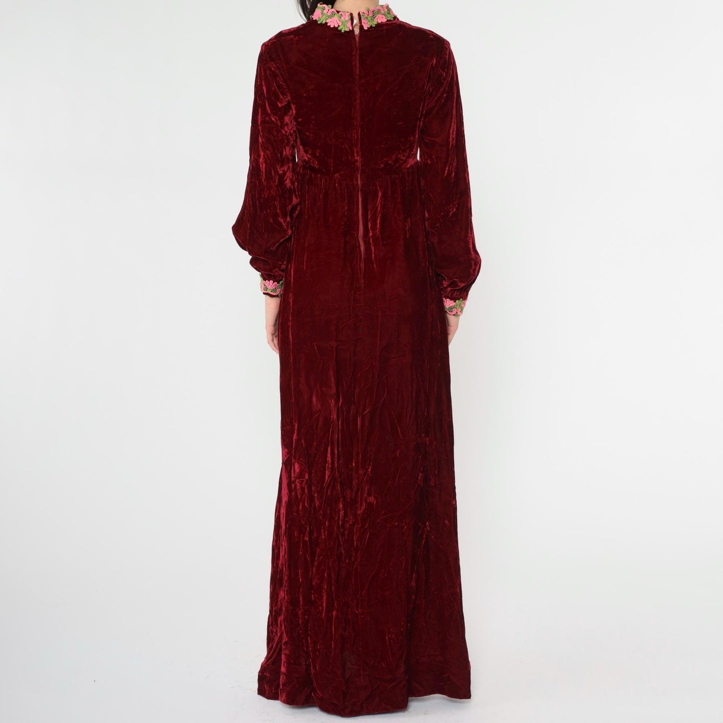 70s Red Velvet Maxi Dress Empire Waist Lace Long Sleeve Small
