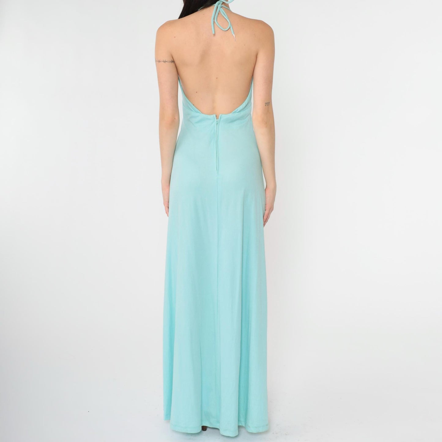 70s Light Blue Halter Maxi Dress Open Back Empire Waist Extra Small