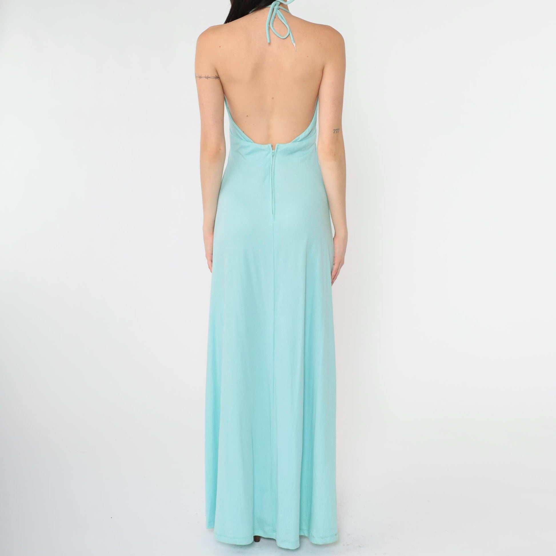 70s Light Blue Halter Maxi Dress Open Back Empire Waist Extra Small