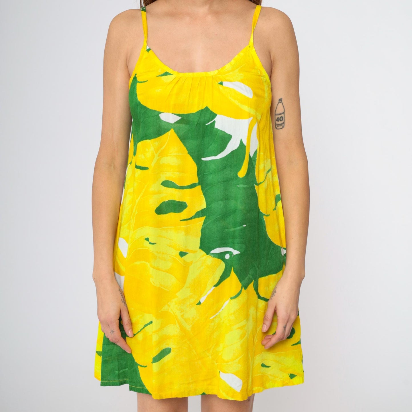 Y2K Tropical Leaf Print Mini Dress Yellow Green Spaghetti Strap Small