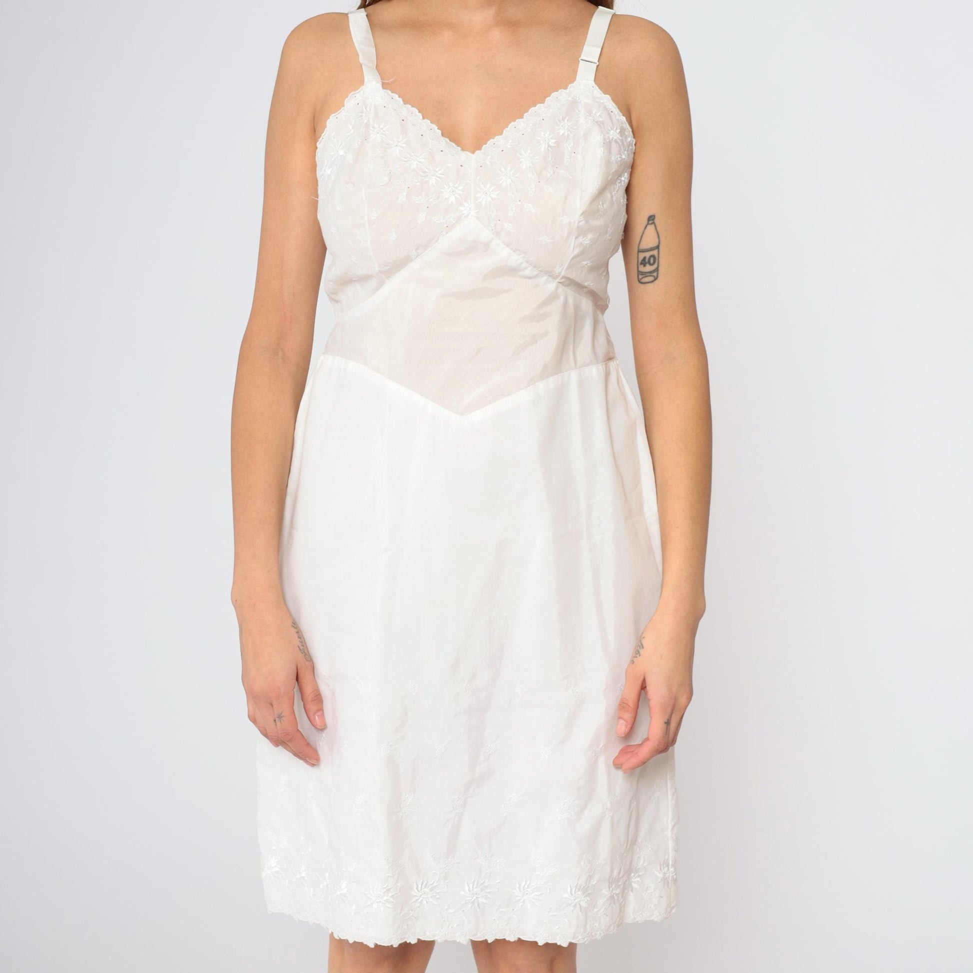 60s White Floral Embroidered Slip Dress High Waist Spaghetti Strap Mini 36