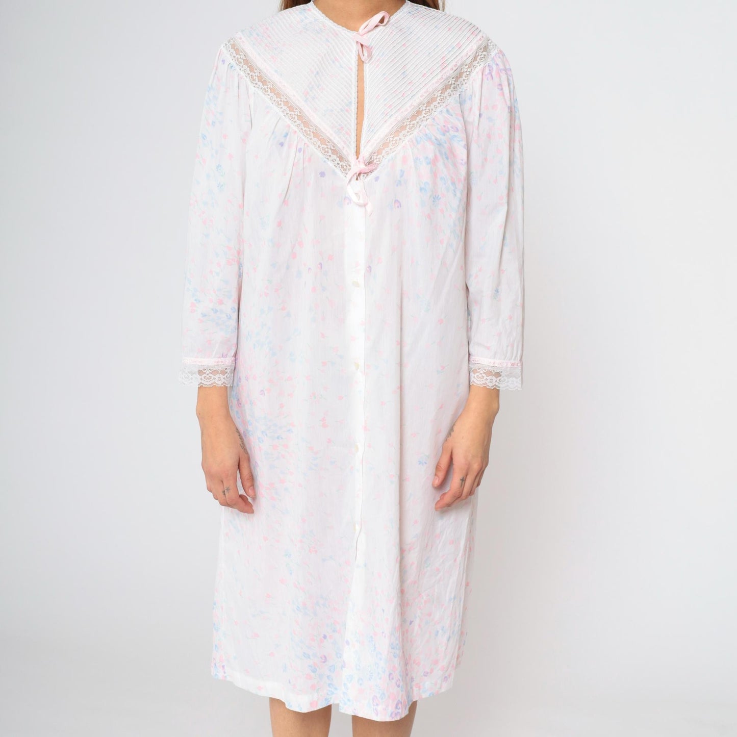 80s Barbizon Floral Button-Up Nightgown Pastel Pink Lace Trim Midi Large L