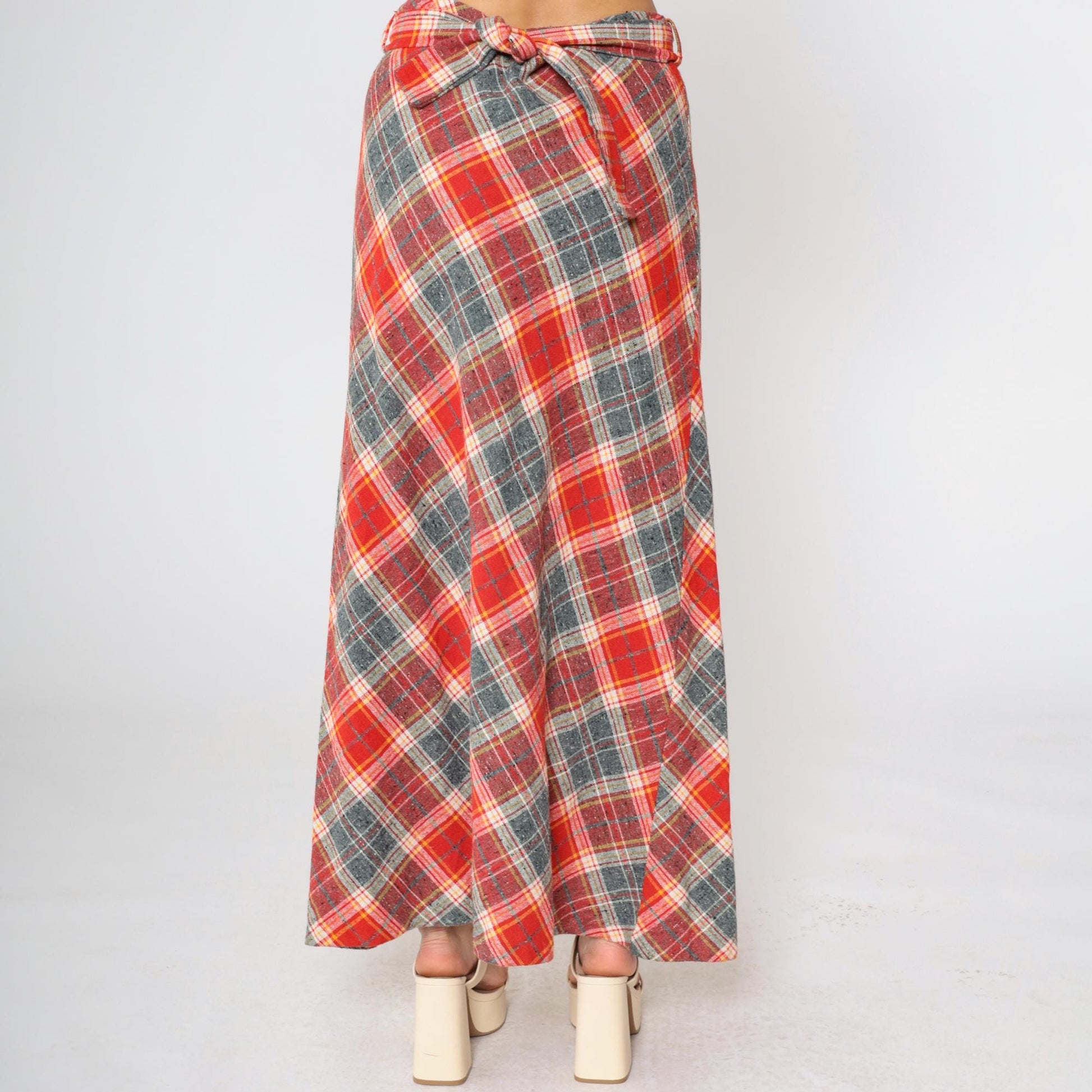 70s Plaid Wool Maxi Skirt High Waist A-Line Red Grey Tartan Medium Large