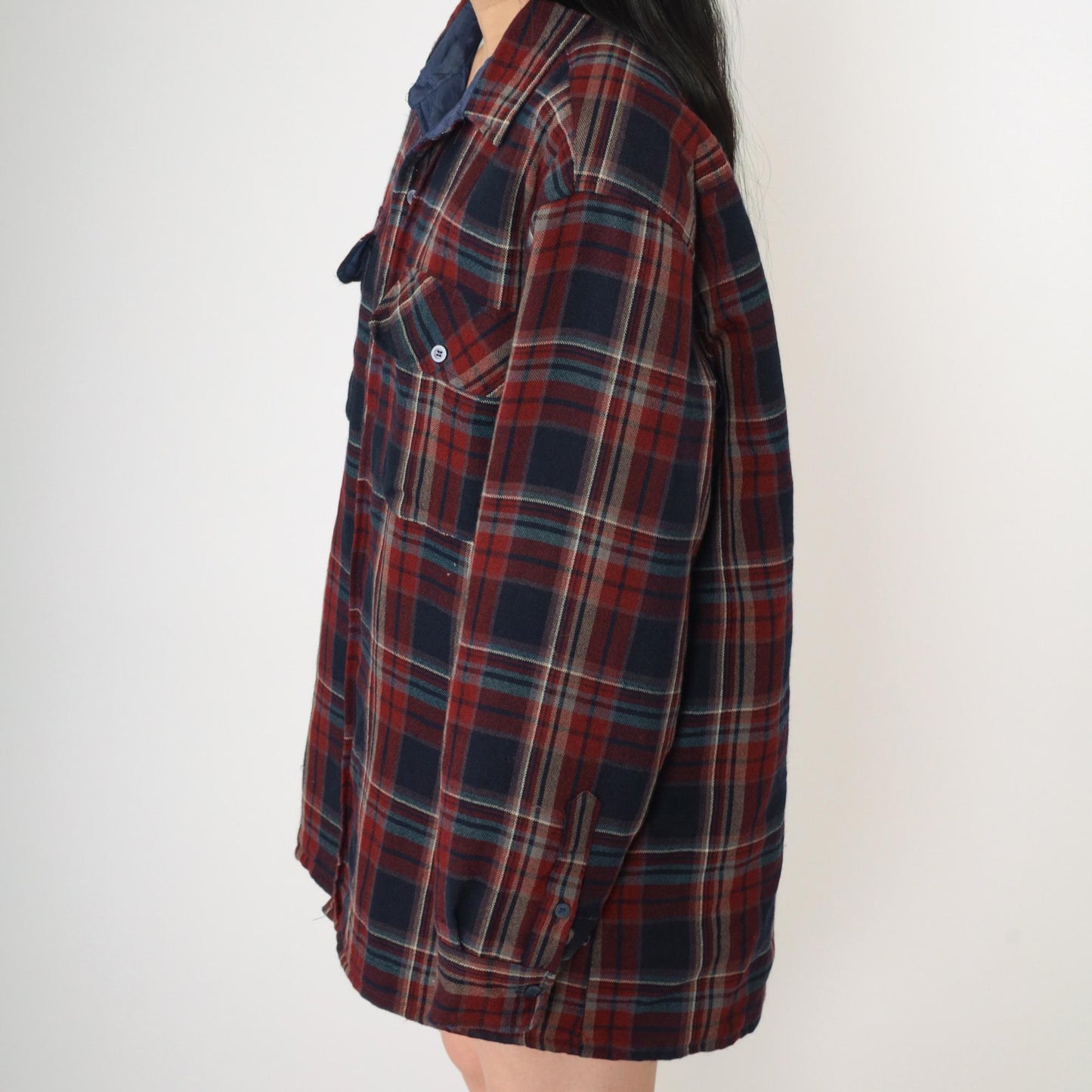 80s TimberTrail Wool Plaid Shirt Quilted Lining Red Navy Button Up Large L