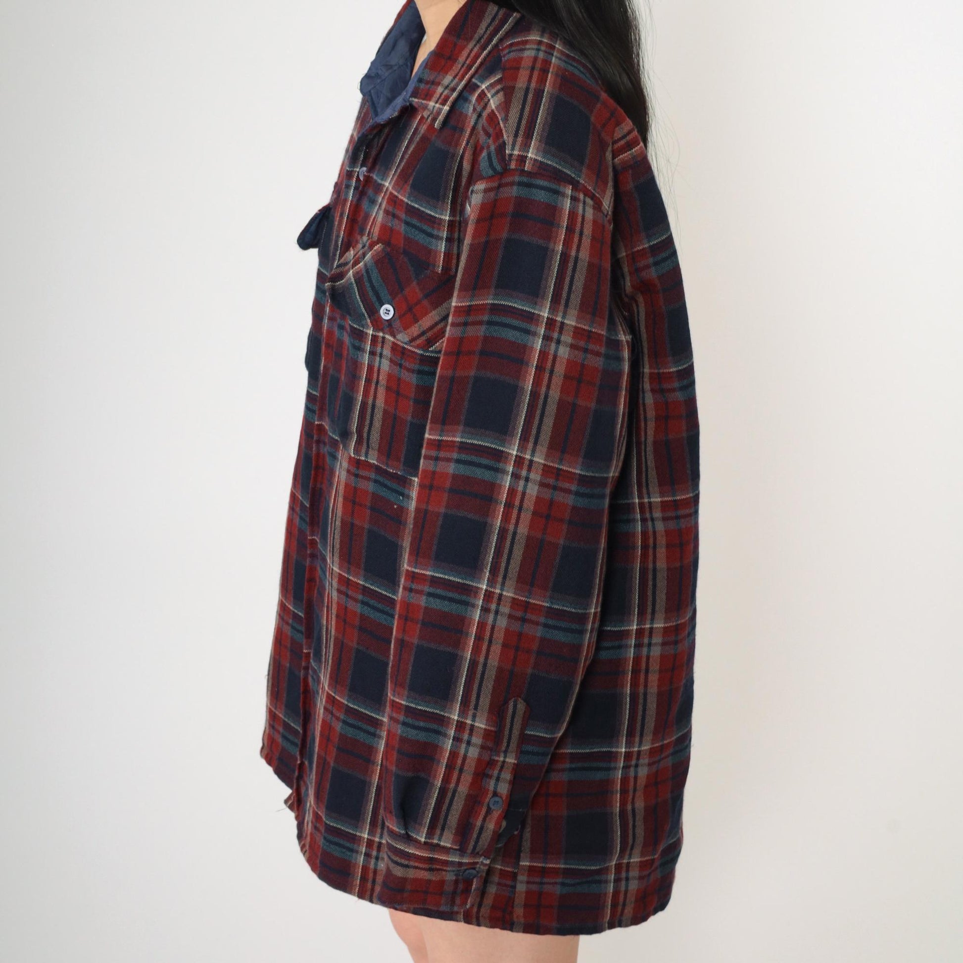 80s TimberTrail Wool Plaid Shirt Quilted Lining Red Navy Button Up Large L