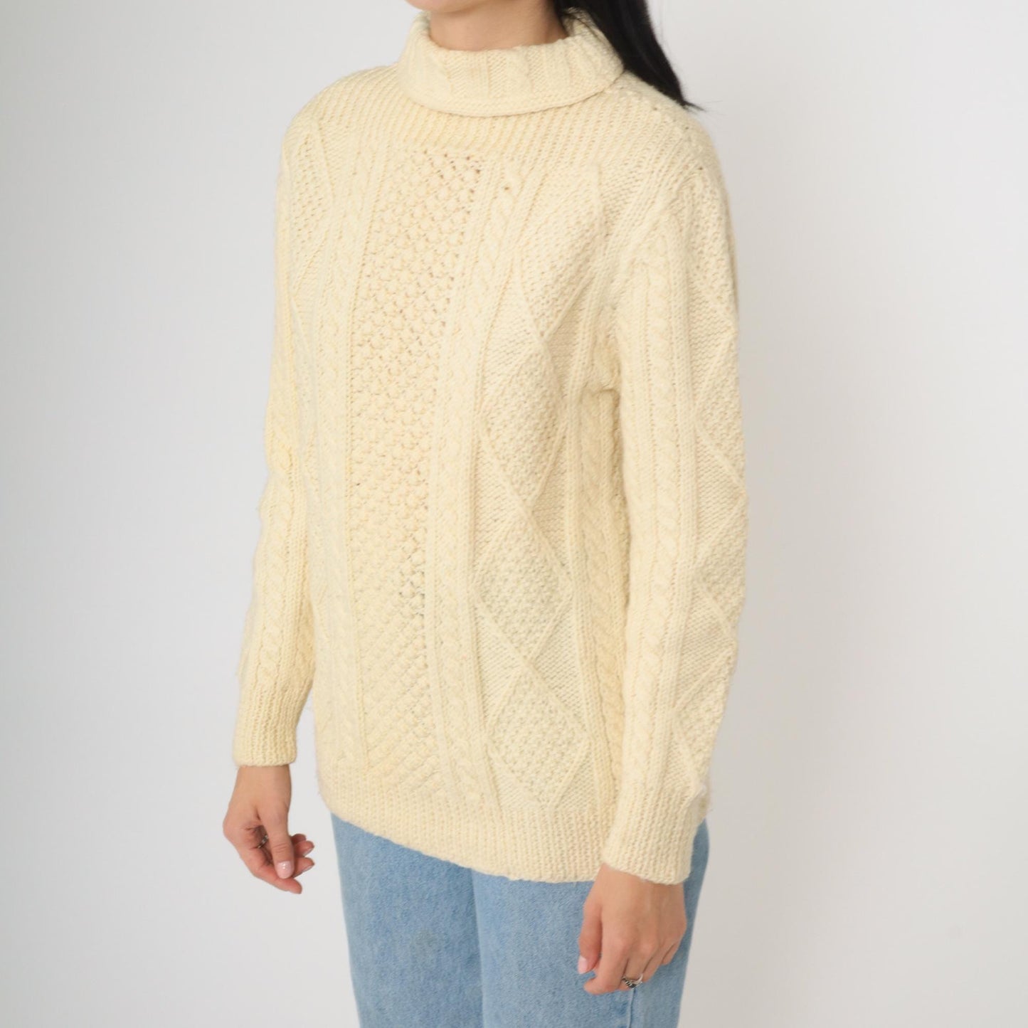 80s Cream Cable Knit Turtleneck Sweater Pullover Small