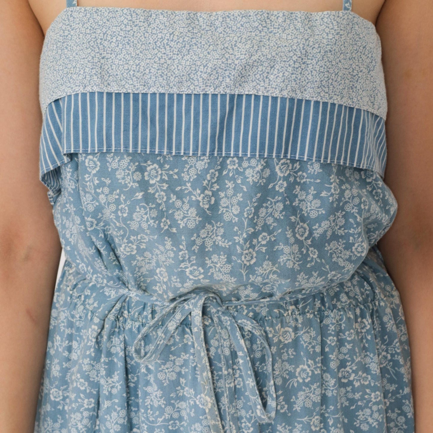 70s Floral Blue Tiered Sundress Spaghetti Strap High Waist Knee Length Small