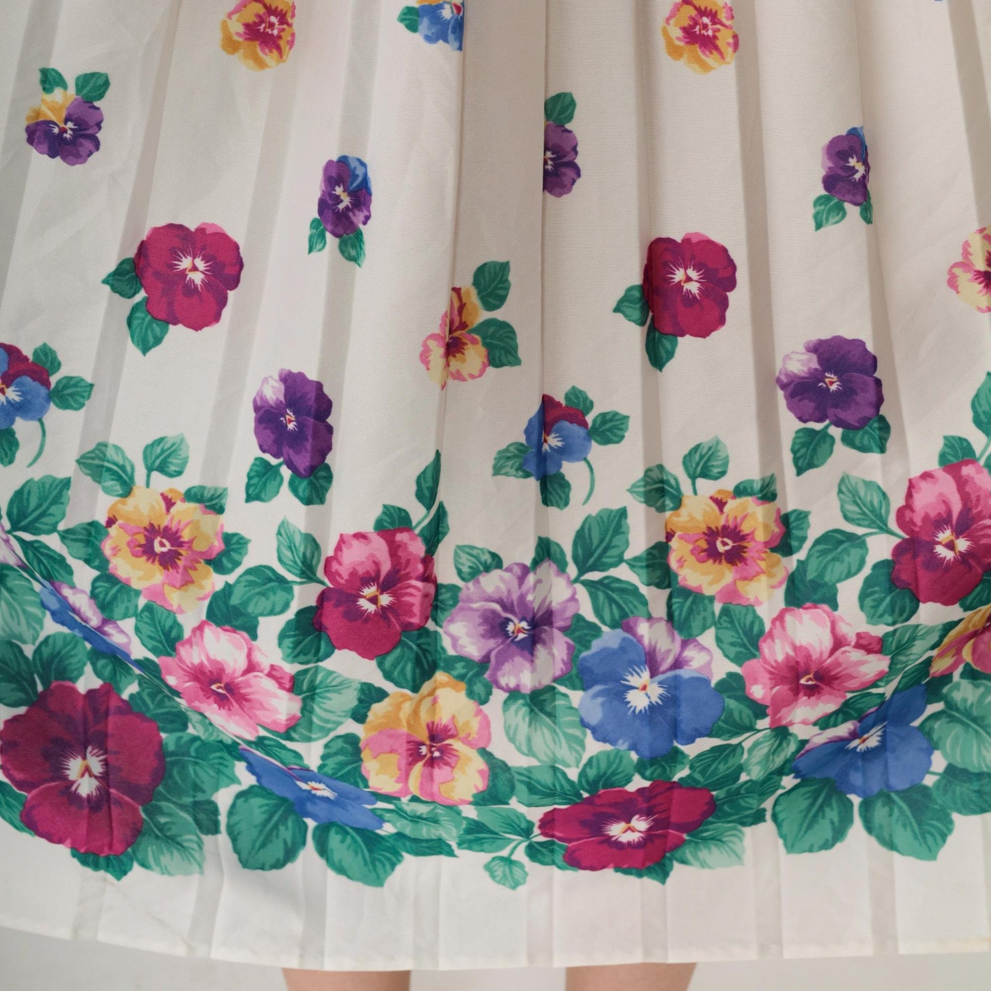 80s Floral Midi Dress White Multicolor Pleated High Waist Short Sleeve Extra Large