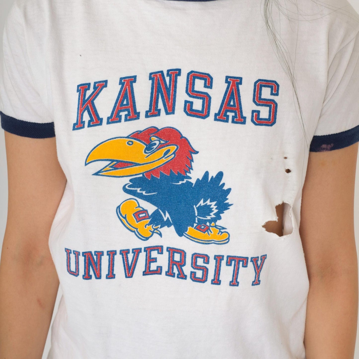 80s University of Kansas Jayhawks Ringer Tee White Graphic Athletic Shirt Small