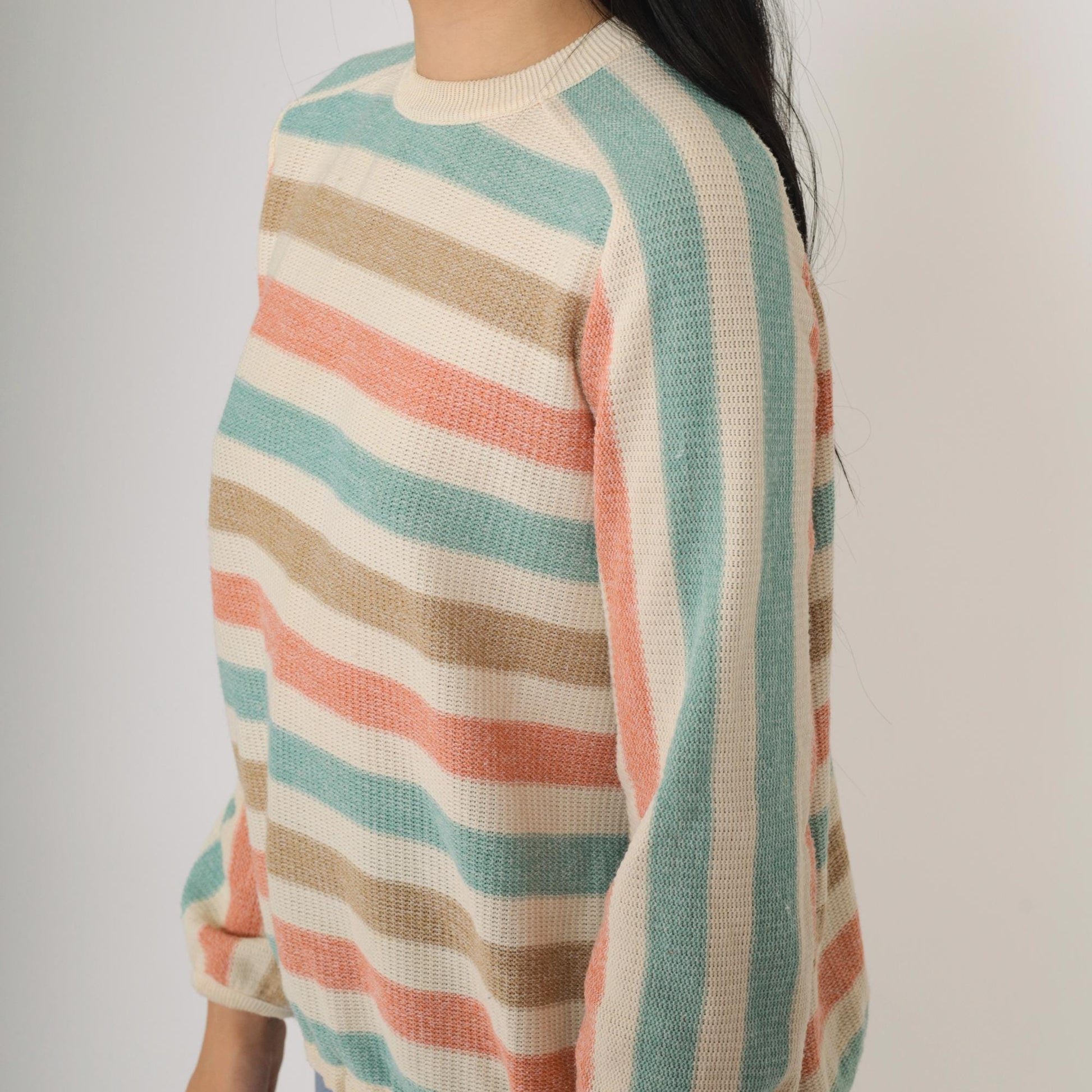 80s Dalton Striped Knit Sweater Raglan Pullover Cream Seafoam Peach Small