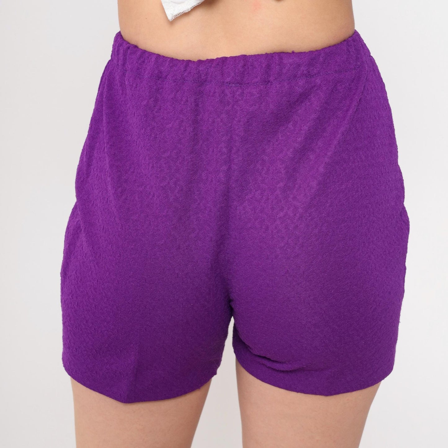 70s Purple Textured Polyester Hotpants High Rise Shorts Extra Small