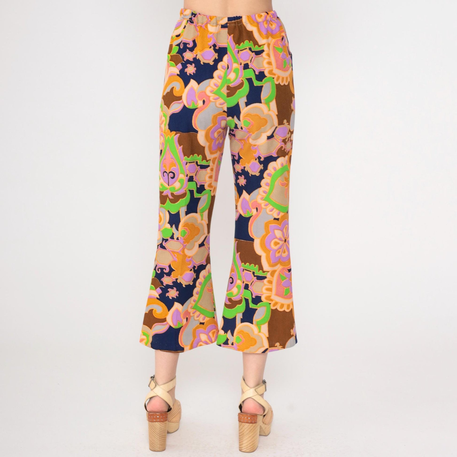 70s Psychedelic Floral Bell Bottom Pants High Waist Cropped Small