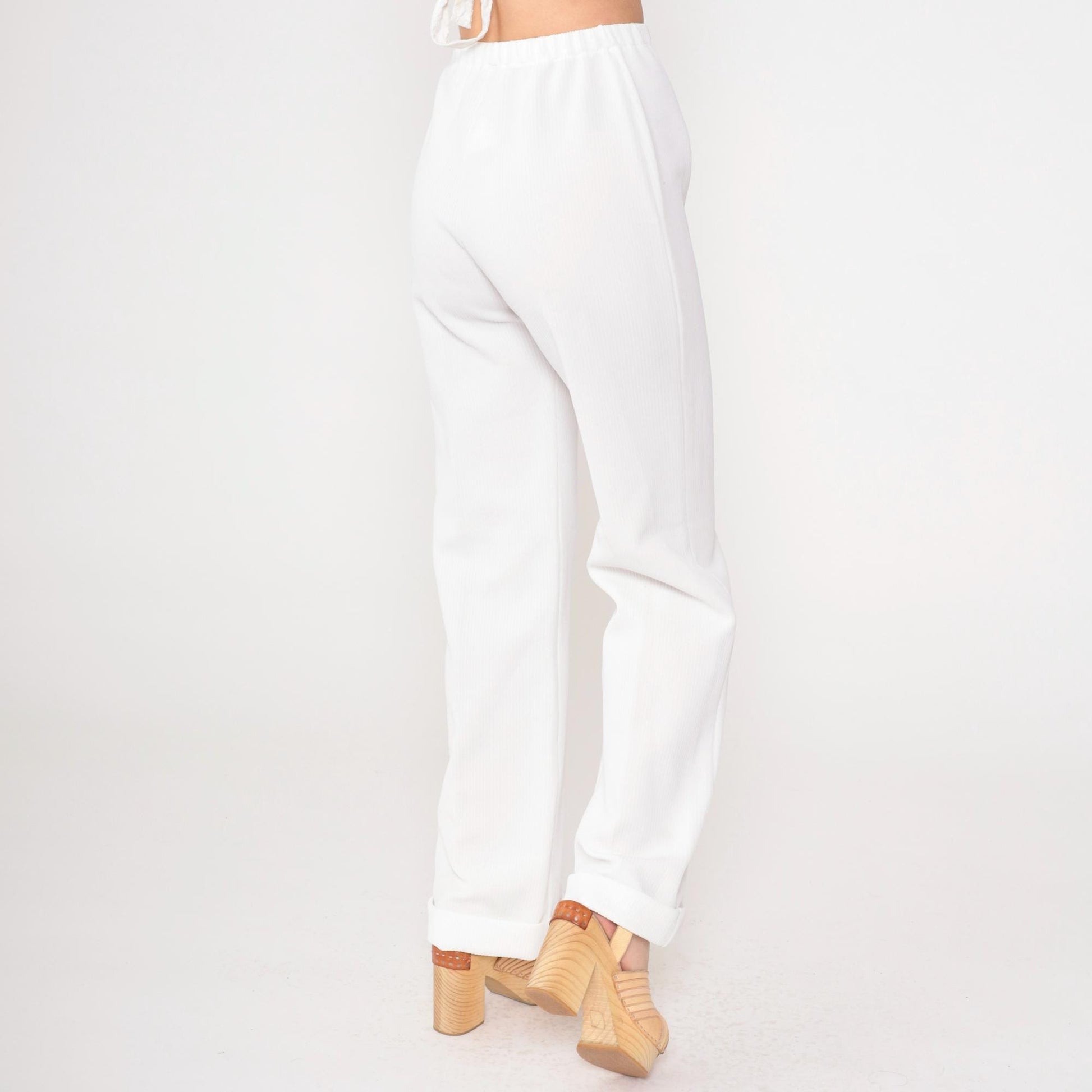 70s White Ribbed Polyester High-Rise Straight Leg Pants Elastic Waist XS
