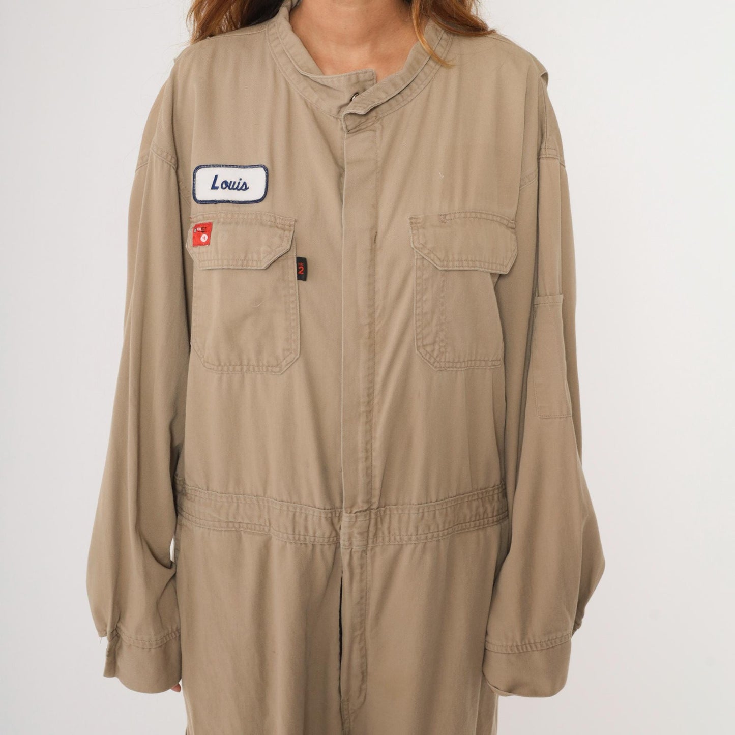 Y2K Tan Flame Resistant Coveralls Louis Patch Flight Suit Men's 48 Regular