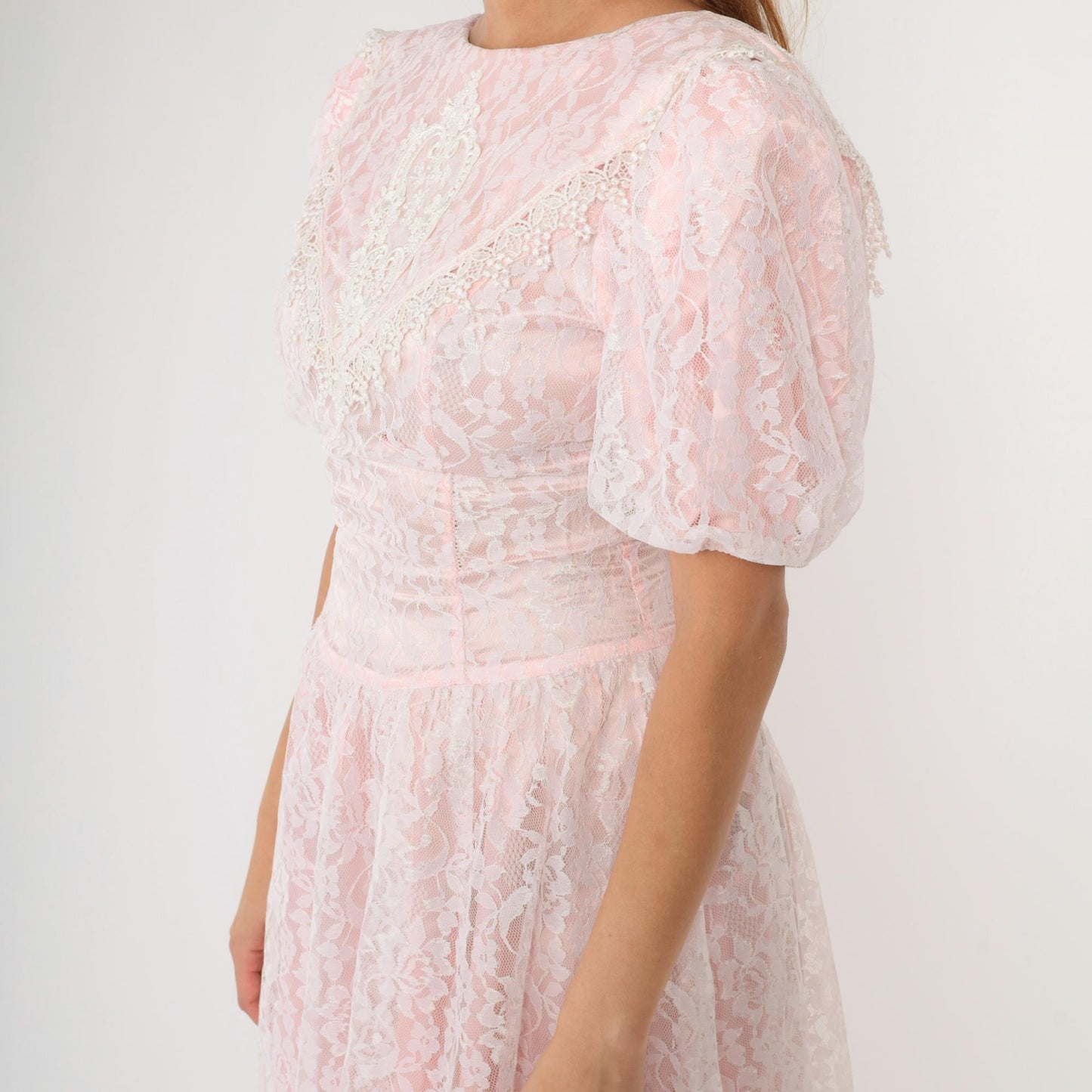 80s Gunne Sax Pink Lace Puff Sleeve Midi Dress White Overlay Small