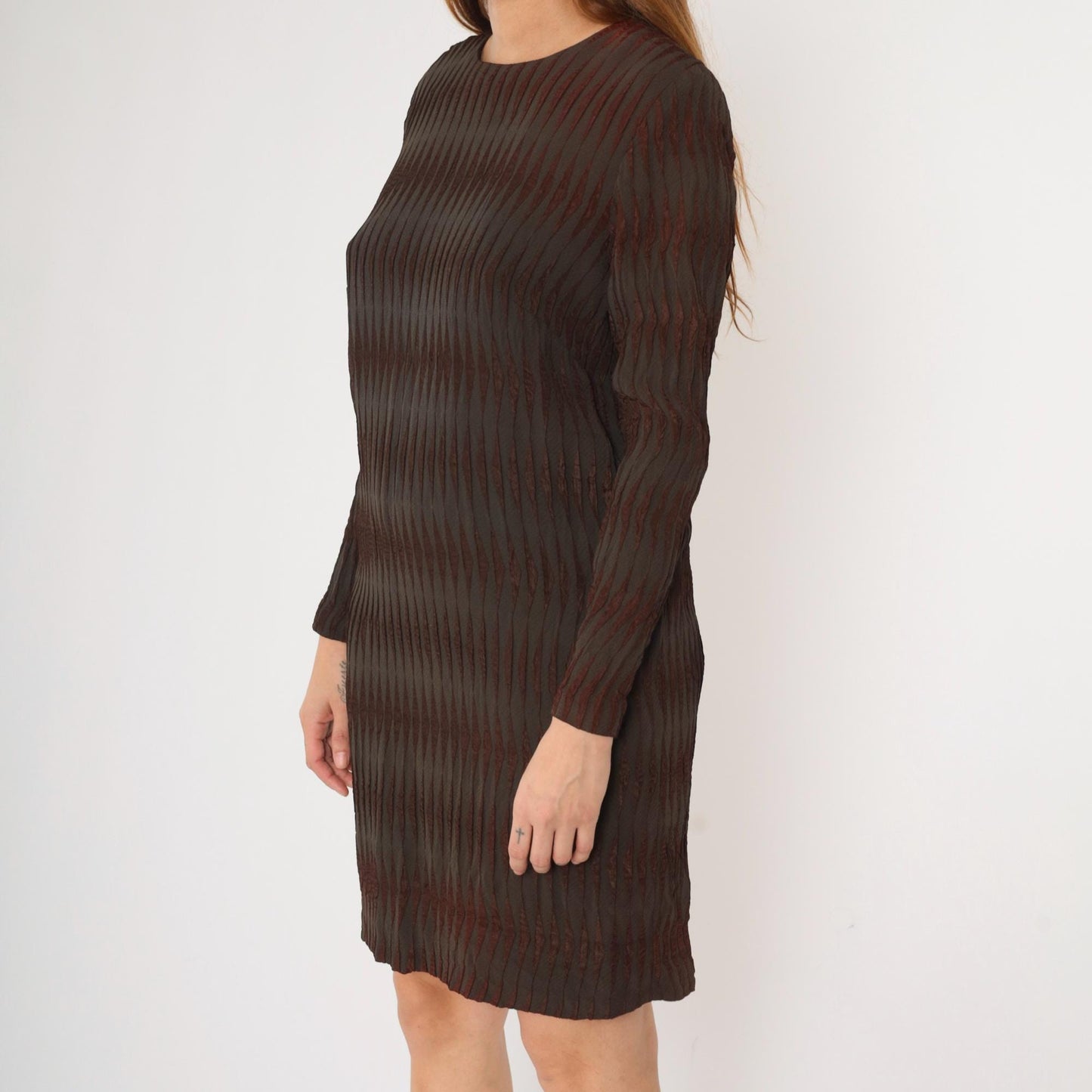 60s Milla Mod Mini Dress Dark Brown Striped Shift Long Sleeve Medium