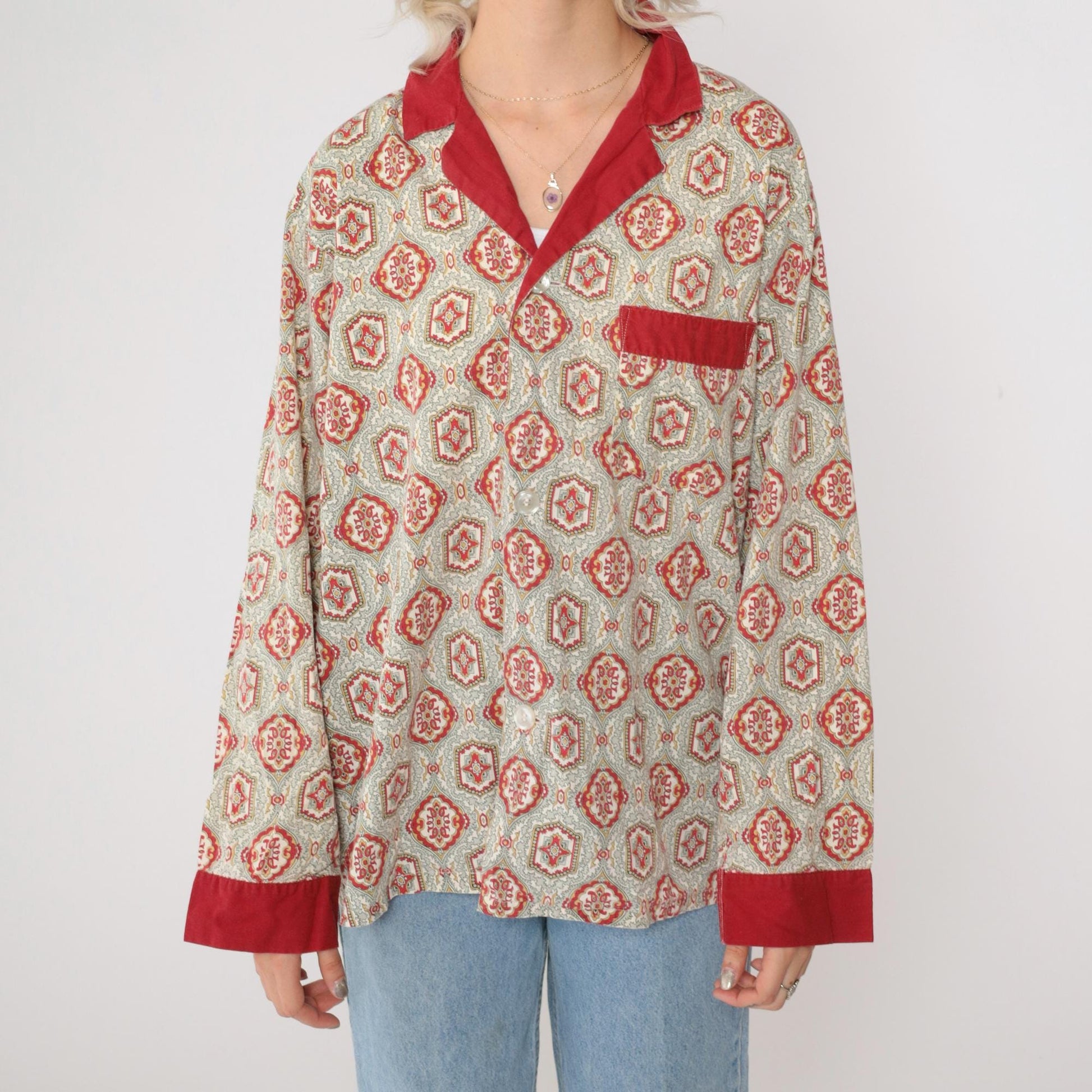 70s Towncraft Pajama Shirt Geometric Button Up Grey Red Medium