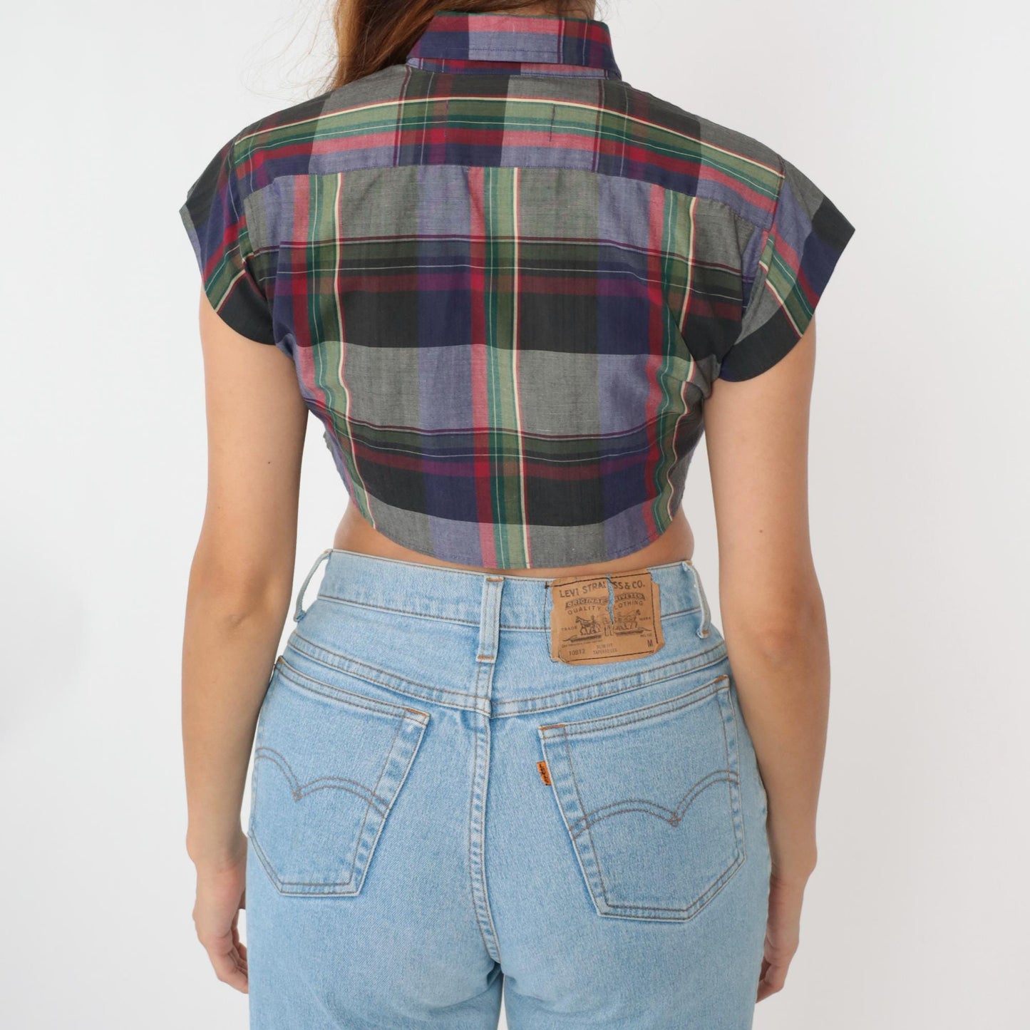 90s Checkered Crop Top Button Up Blouse Tie Waist Cap Sleeve Grey Small XS