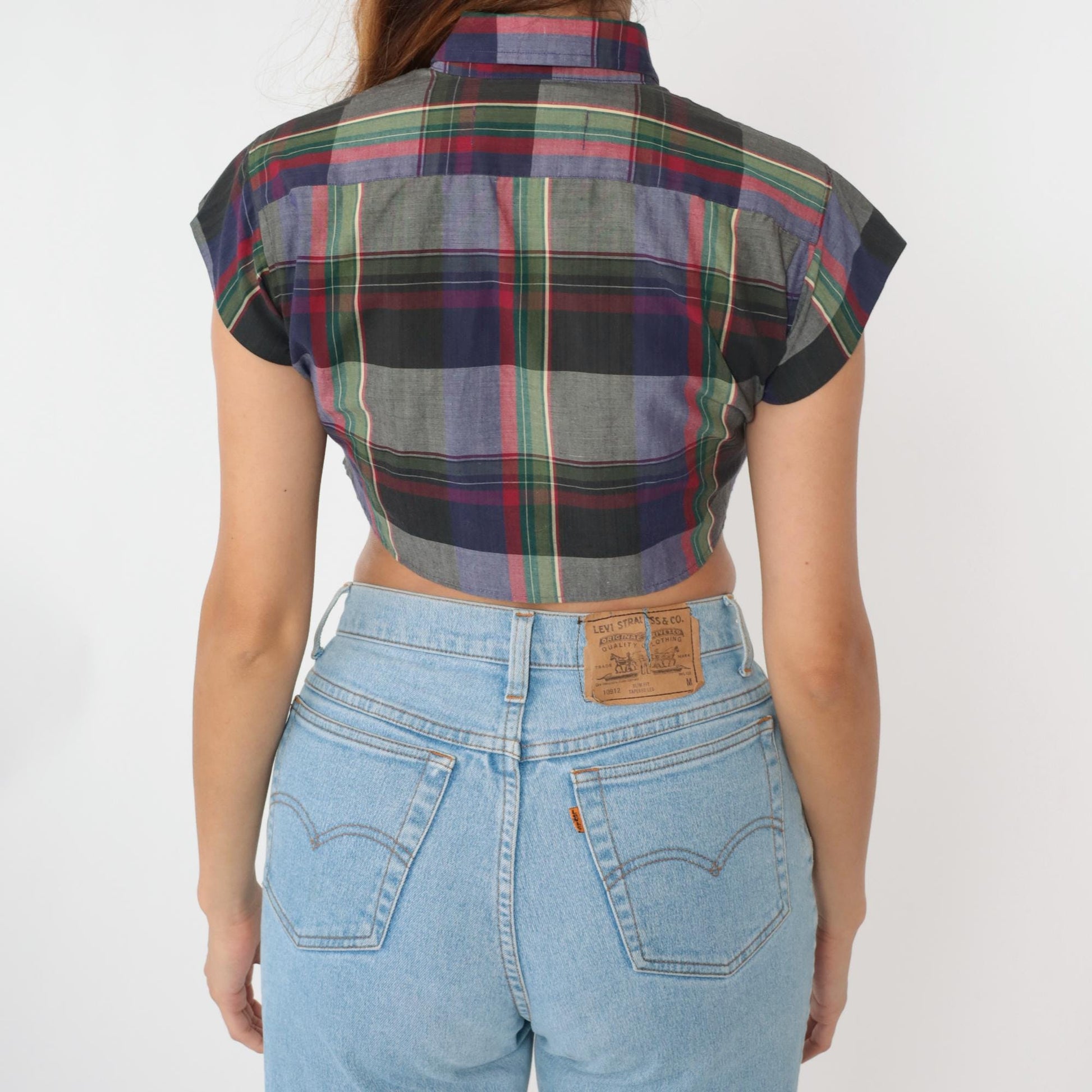 90s Checkered Crop Top Button Up Blouse Tie Waist Cap Sleeve Grey Small XS