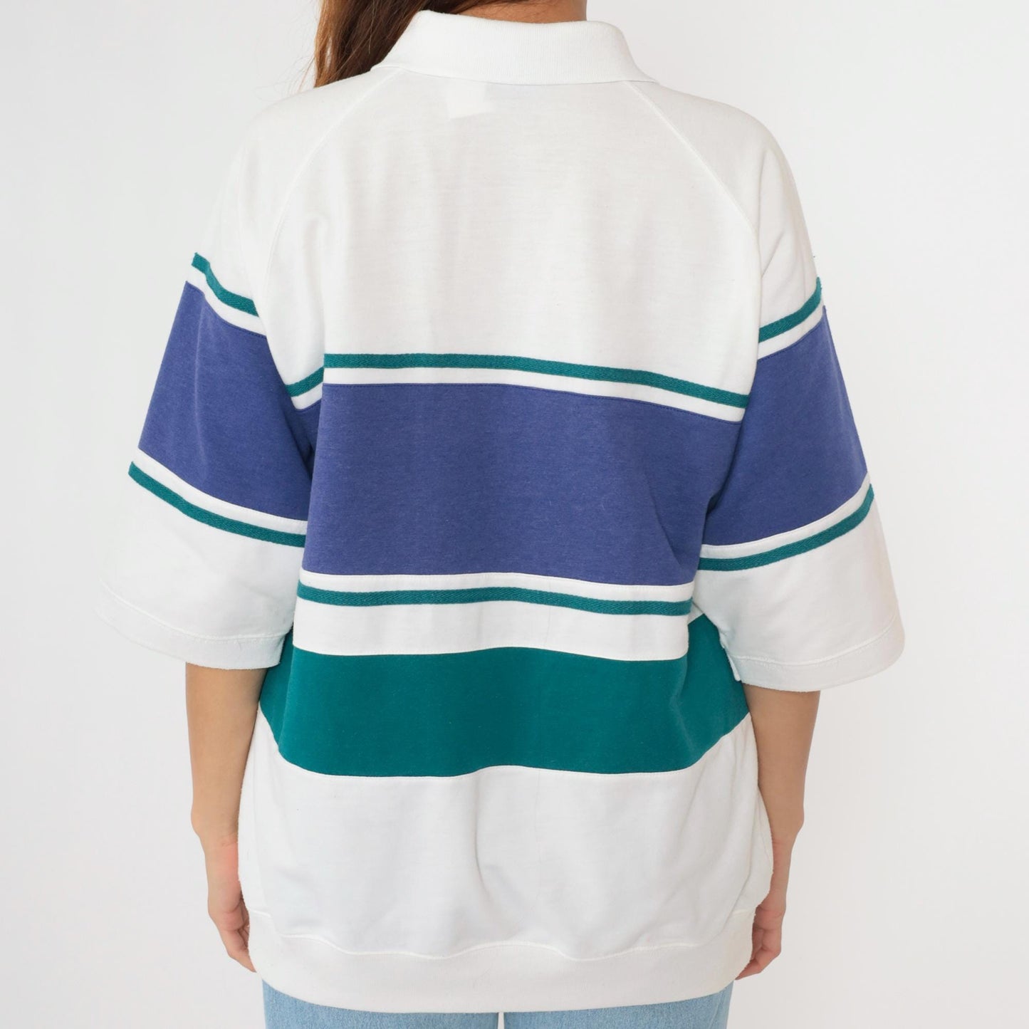 90s Jantzen Striped Polo Shirt White Blue Green Collared Short Sleeve Large L