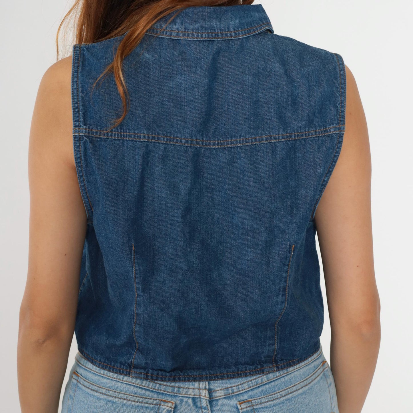 90s Blue Denim Zip Vest Cropped Sleeveless Jean Top Large