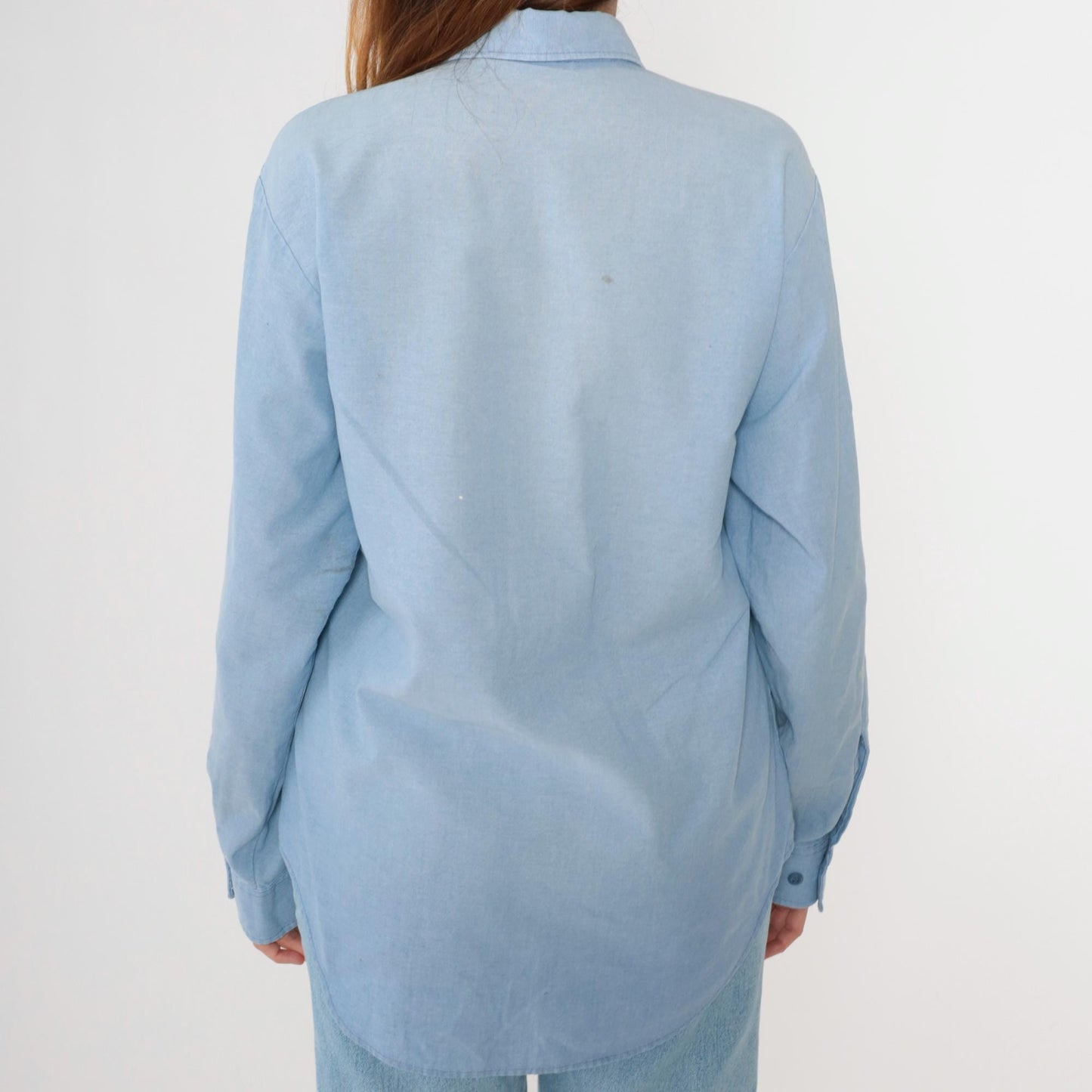 80s Blue Oxford Button-Up Shirt Paint Splatter Long Sleeve Large L