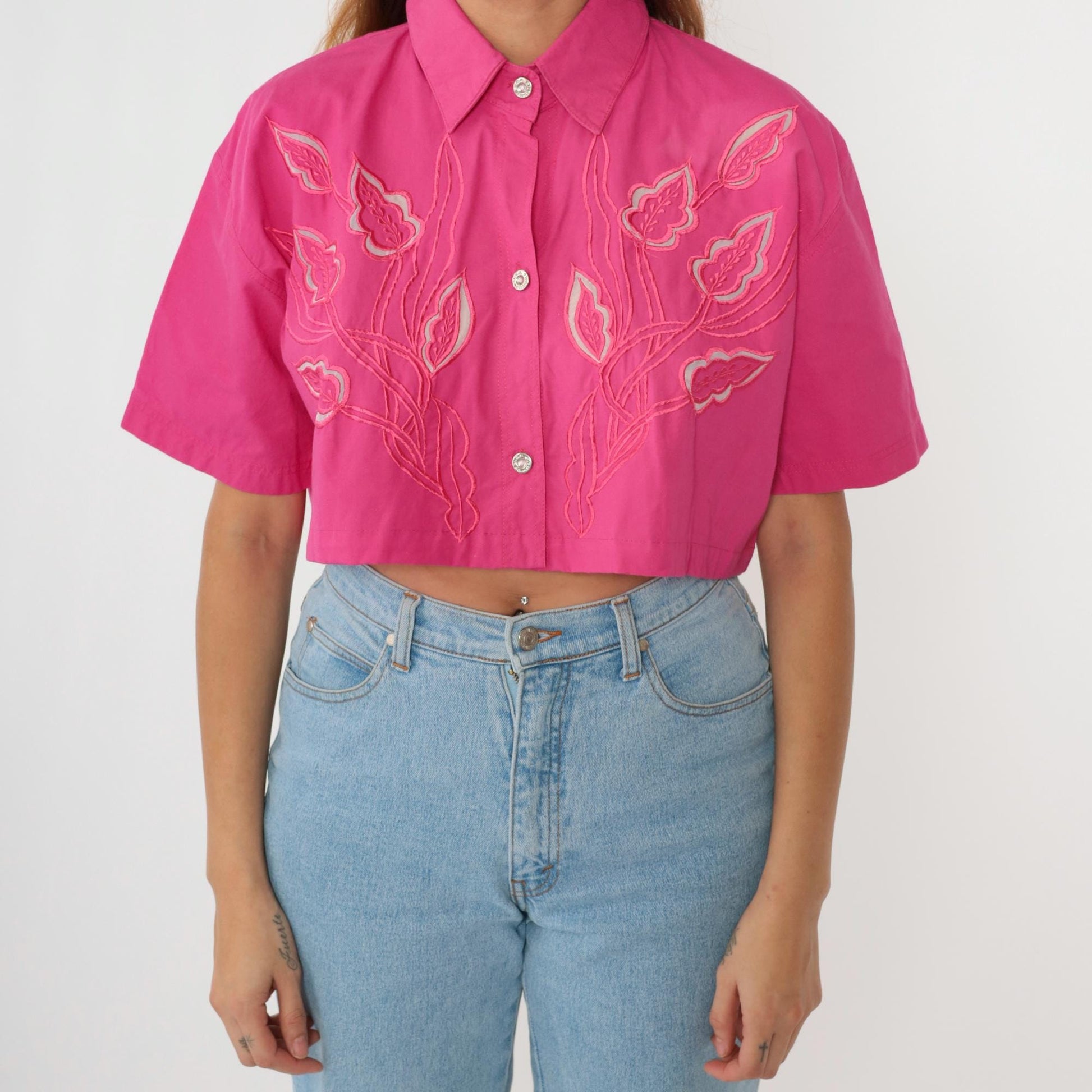 90s Pink Floral Embroidered Cutout Crop Blouse Button Up Medium Large