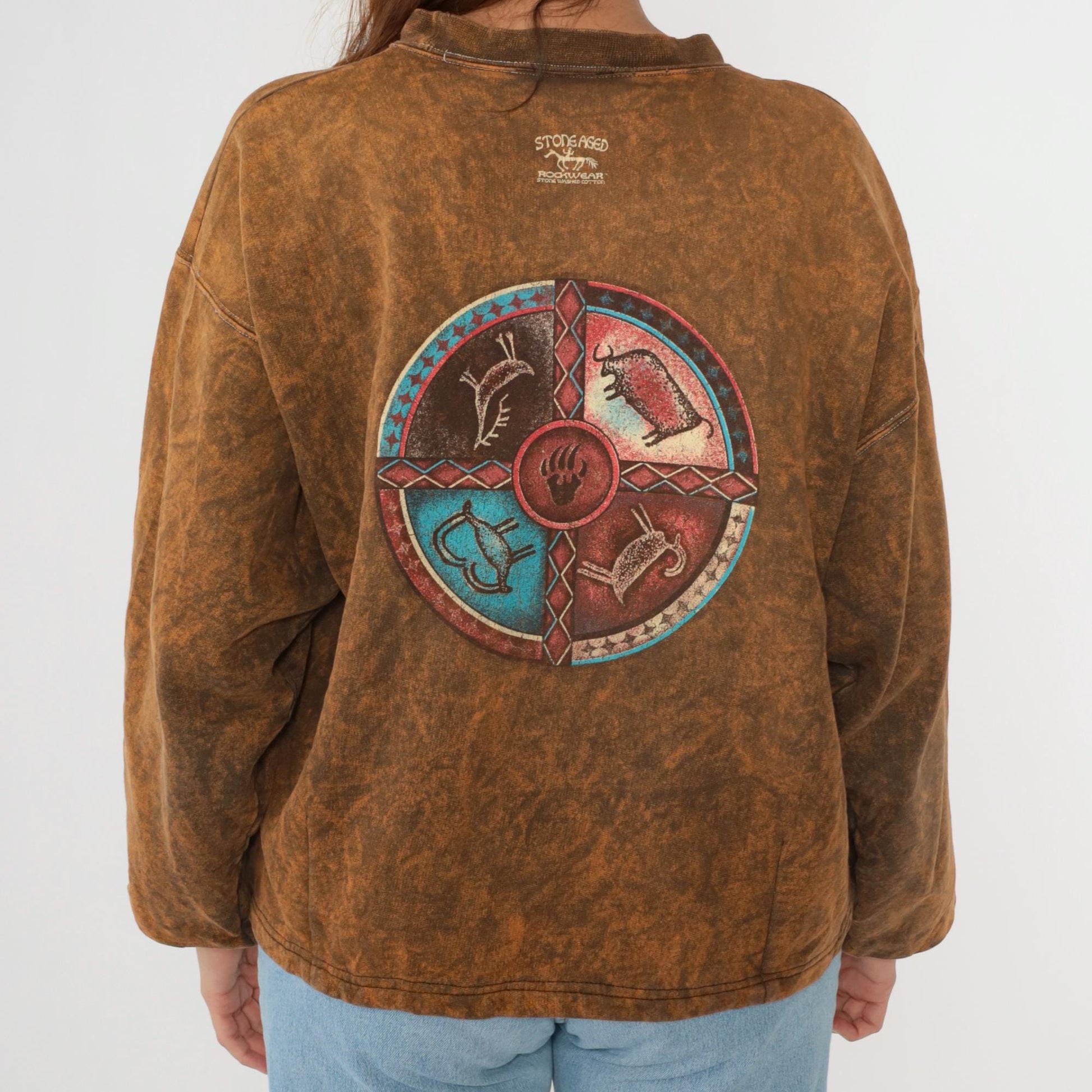90s Stone Aged Rockwear Southwestern Cardigan Brown Animal Snap Shirt Medium Large