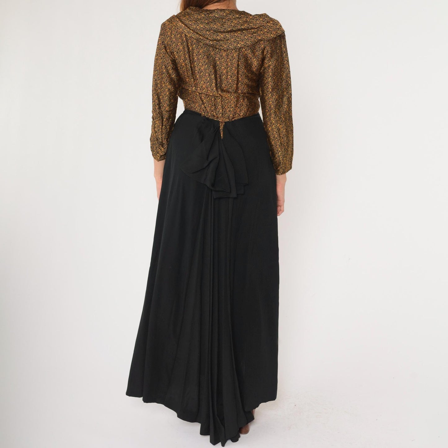 1940s Brocade Maxi Dress Floral Paisley Black Bow Back Long Sleeve Small