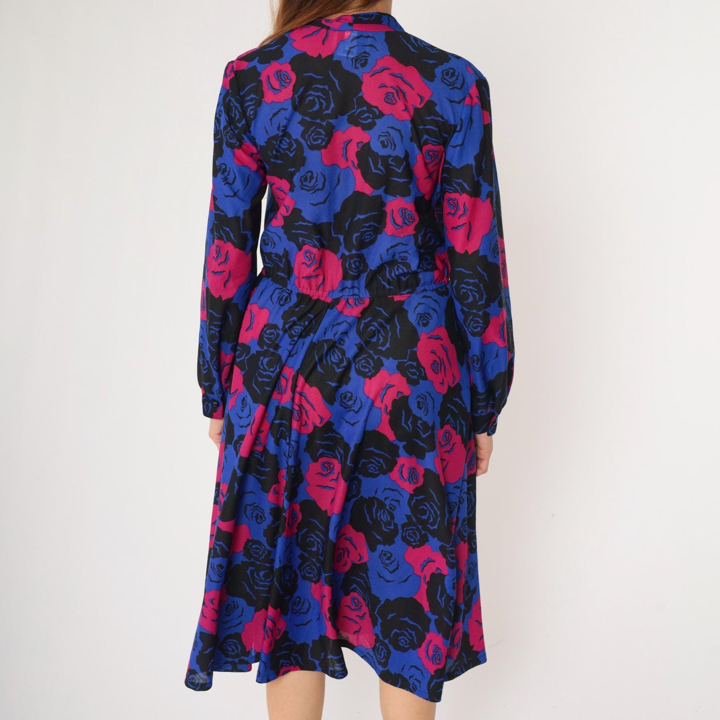 80s Floral Wrap Dress Midi Long Sleeve High Waist Blue Pink Rose Print Medium