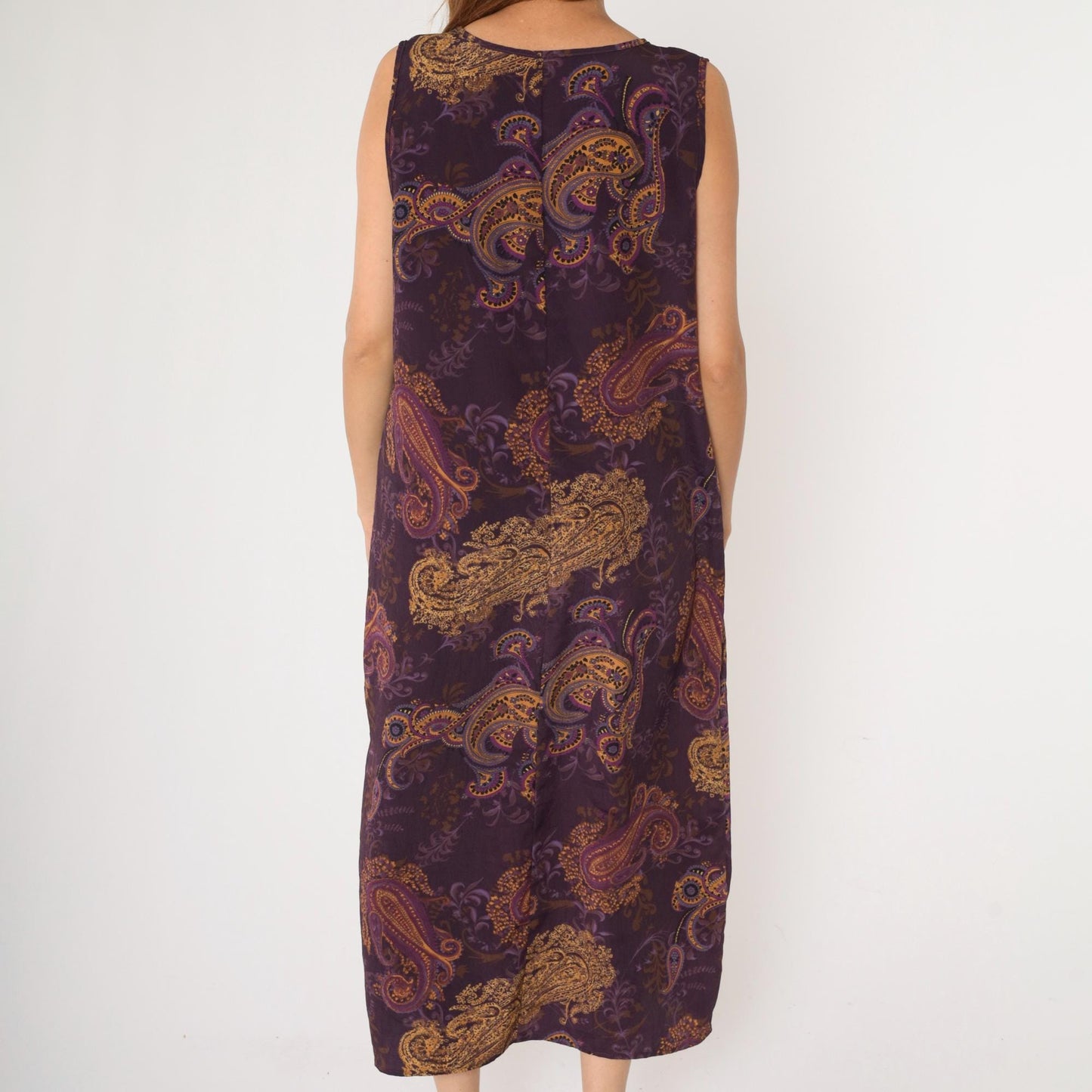 90s Purple Paisley Maxi Dress Sleeveless Scoop Neck Shift Large