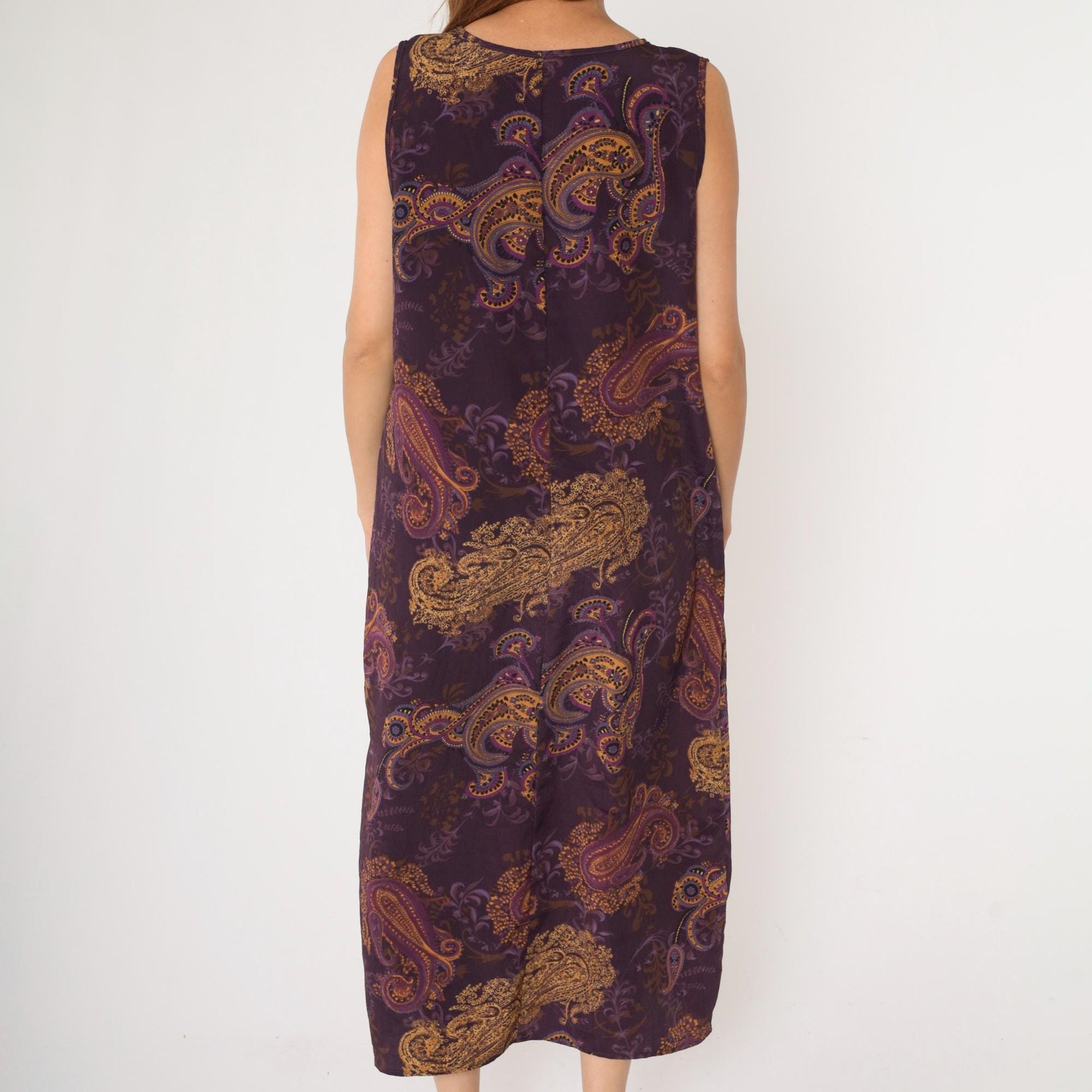 90s Purple Paisley Maxi Dress Sleeveless Scoop Neck Shift Large