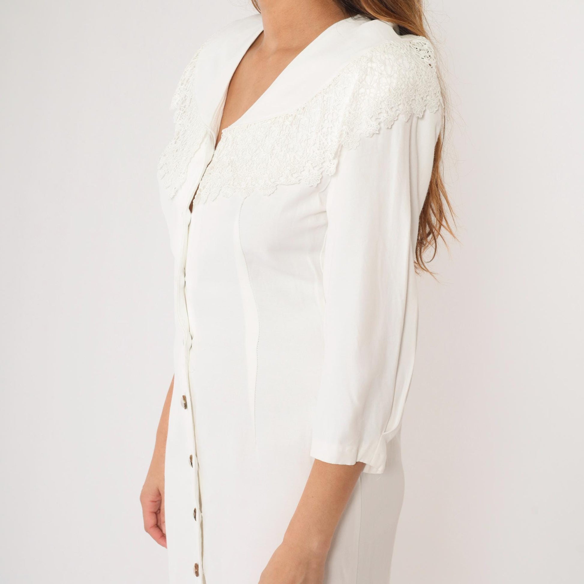 90s White Mini Dress Lace Collar Button-Up Sheath 3/4 Sleeve Medium