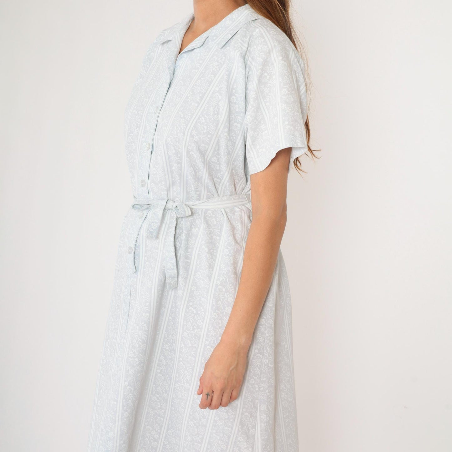70s American Frock Baby Blue Floral Striped Midi Shirt Dress Large