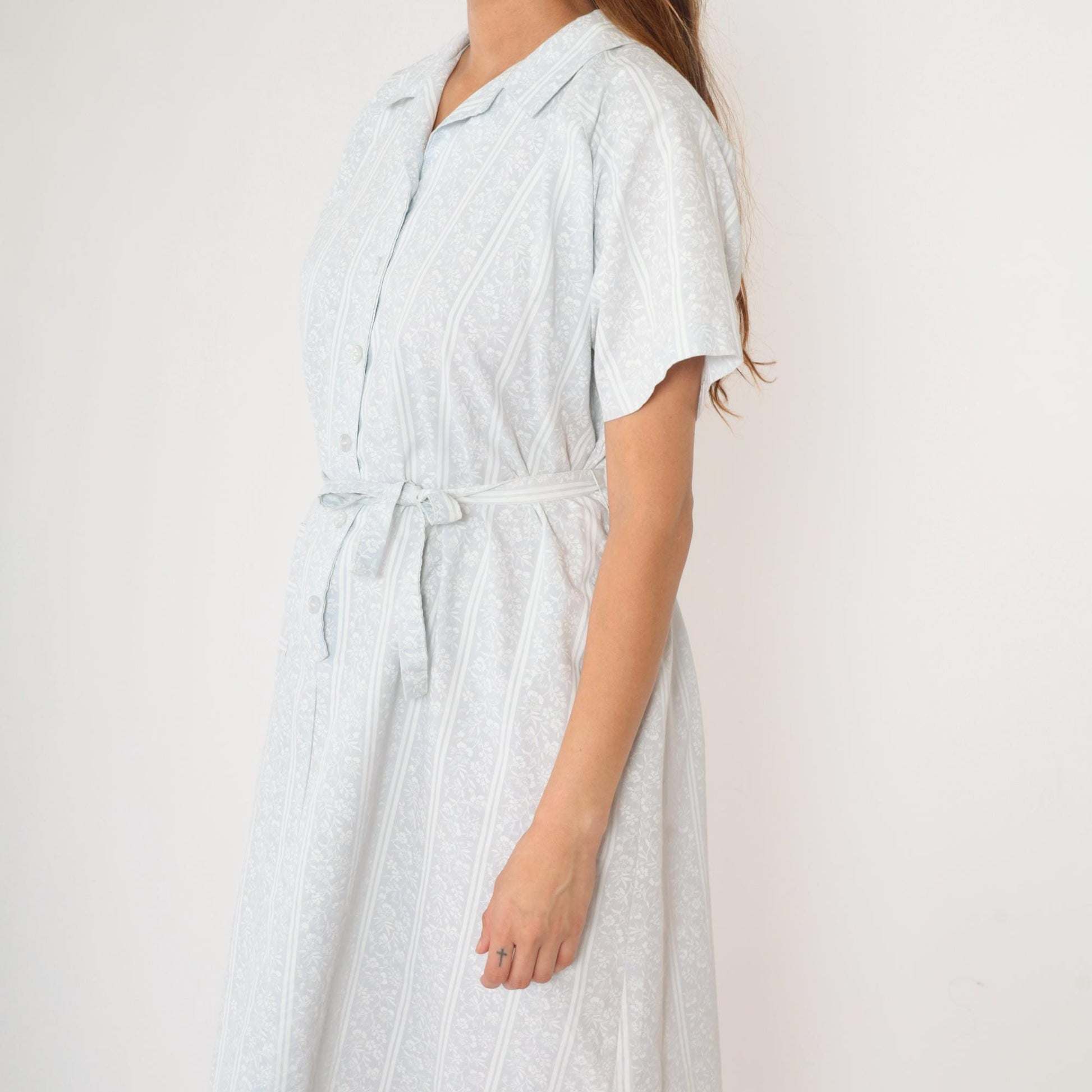 70s American Frock Baby Blue Floral Striped Midi Shirt Dress Large