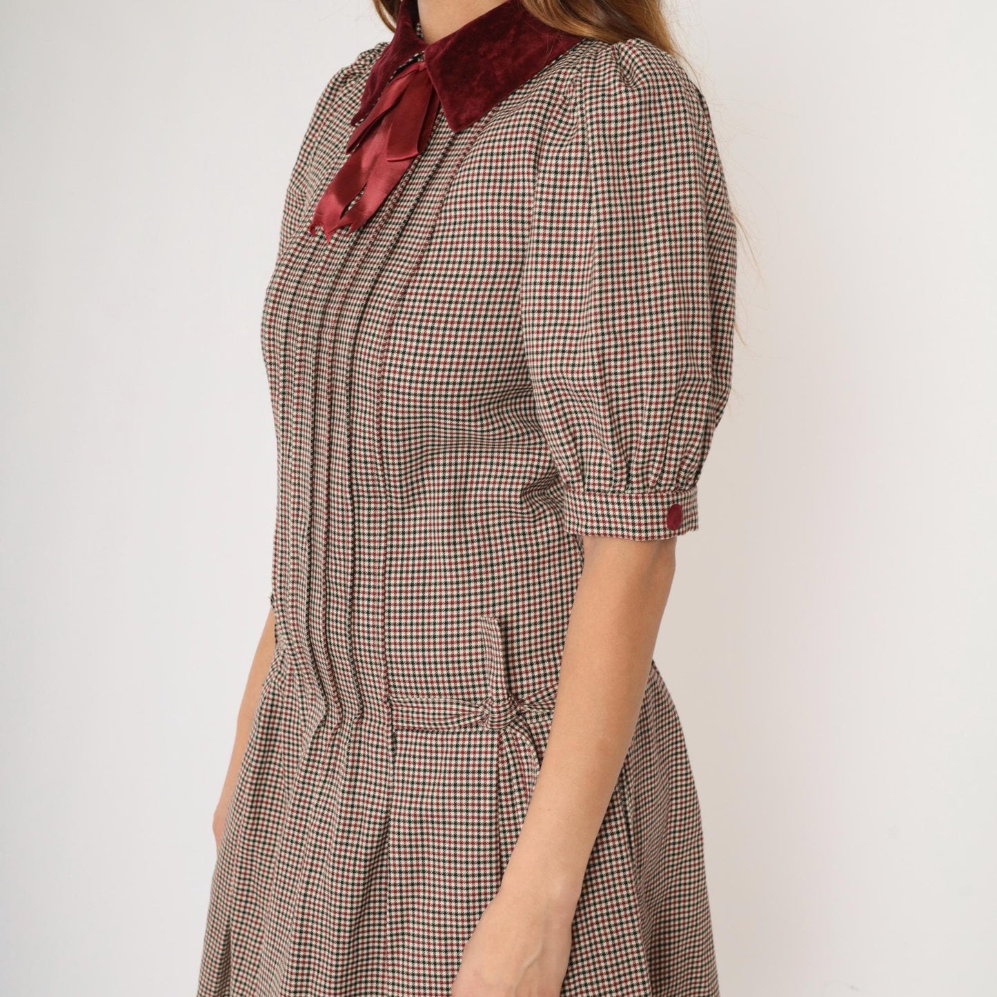 80s Bellville Sassoon Houndstooth Wool Dress Red Black Velvet Collar Knee Length Extra Small