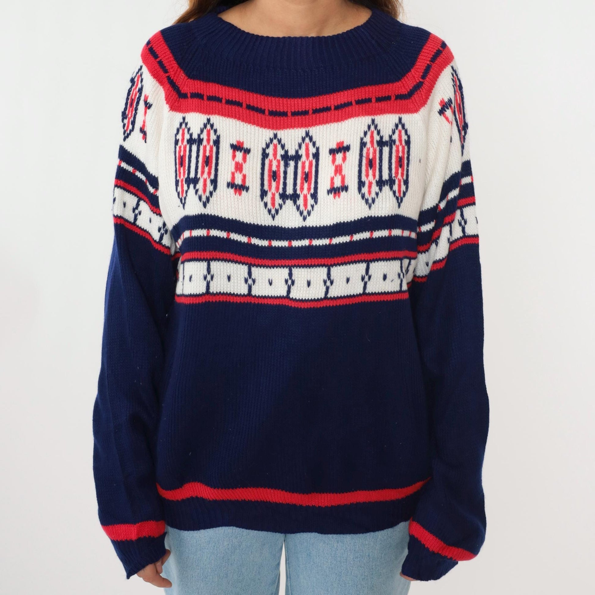 70s Nordic Yoke Sweater Navy Red White Geometric Knit Pullover Medium