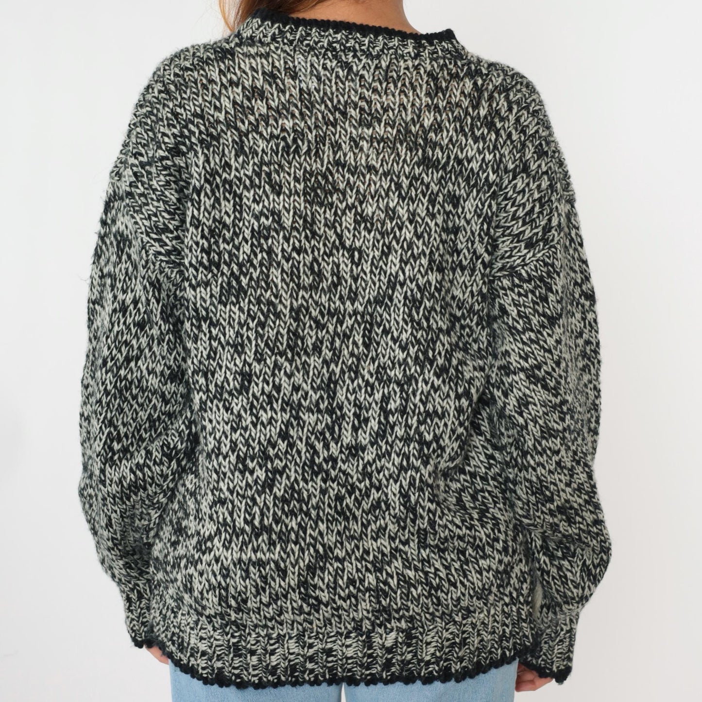 80s Michael Gerald Marled Knit Sweater Geometric Black White Crewneck Medium M