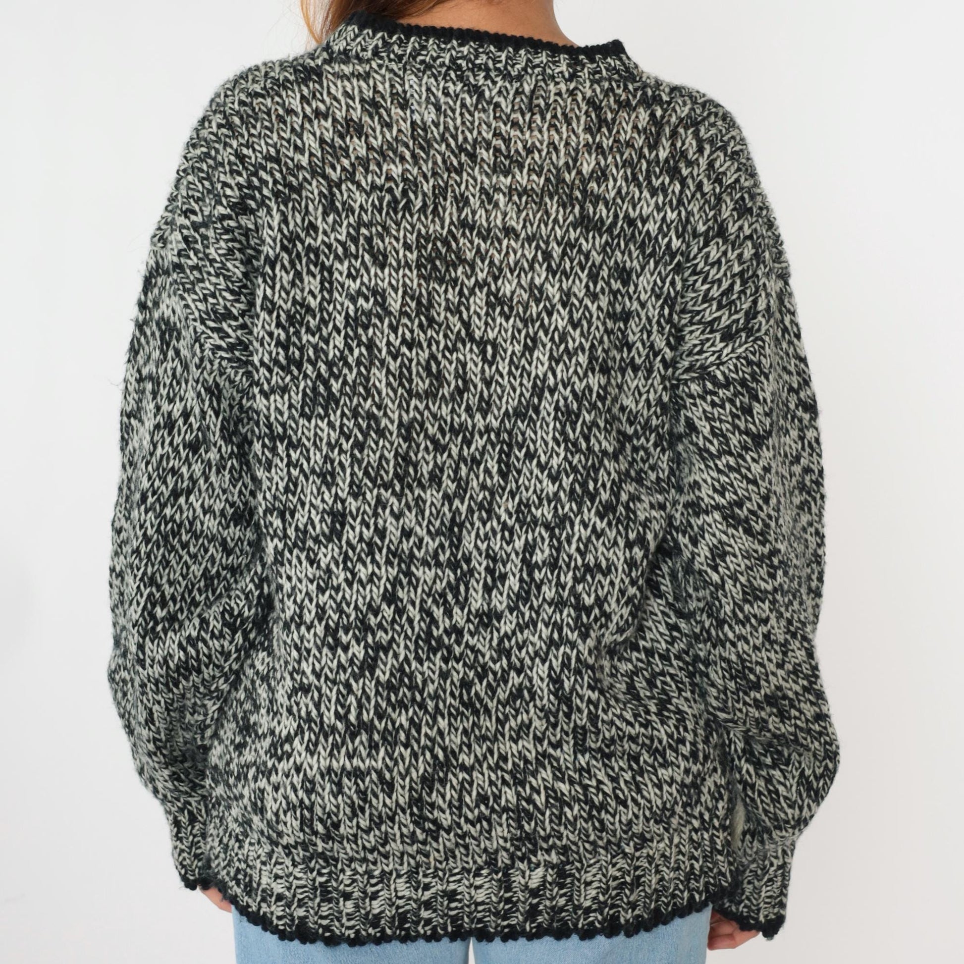 80s Michael Gerald Marled Knit Sweater Geometric Black White Crewneck Medium M