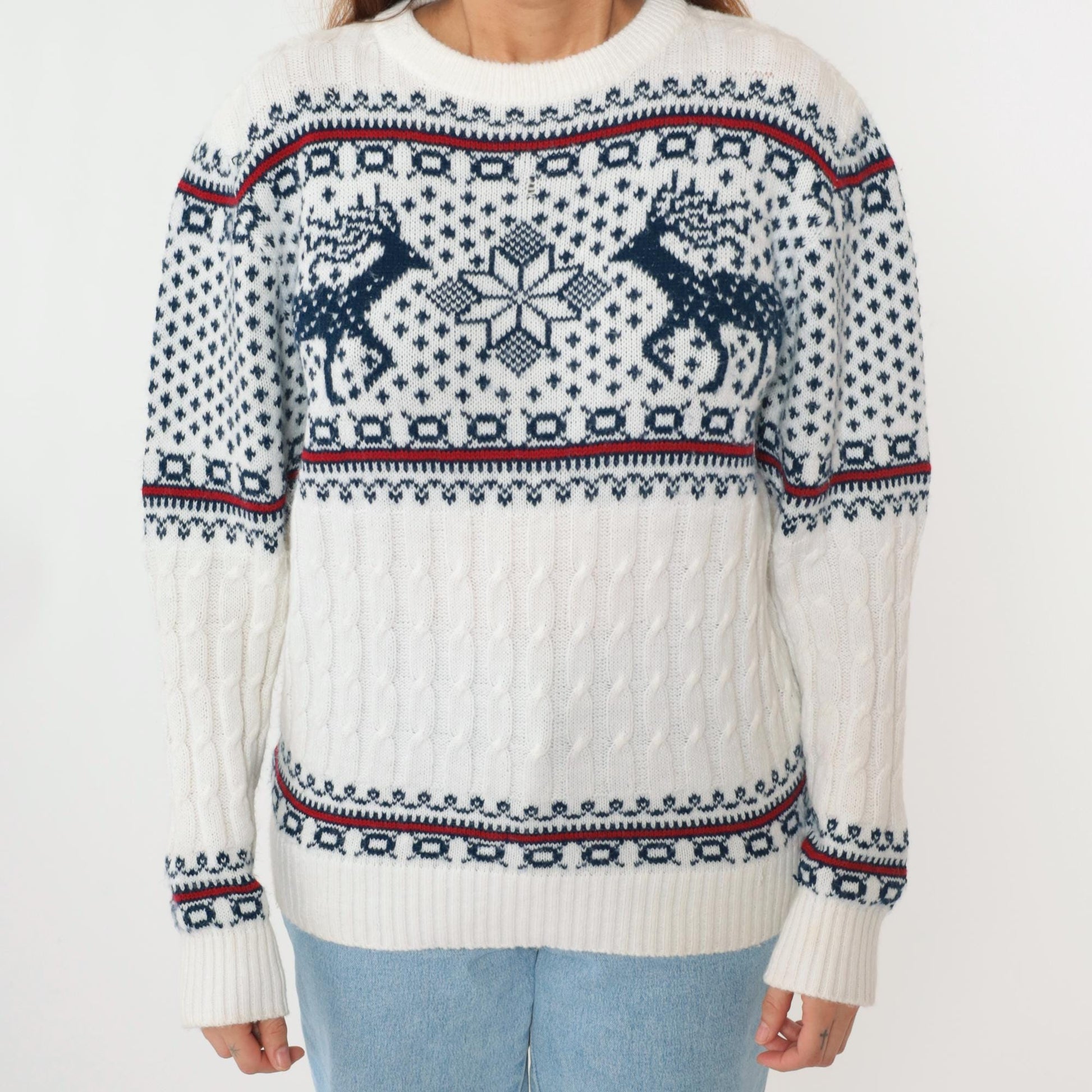 80s Reindeer Fair Isle Sweater White Nordic Snowflake Crewneck Medium