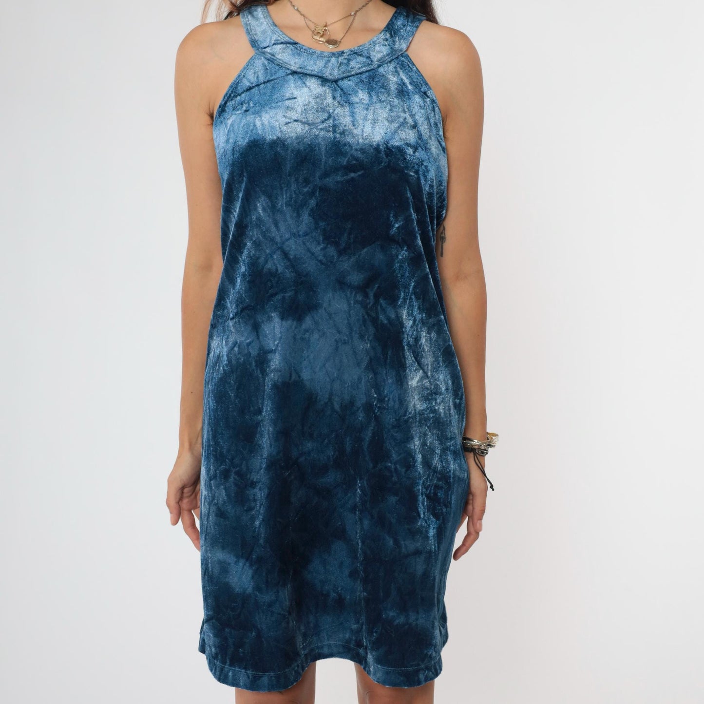90s Blue Tie Dye Velvet Mini Dress Sleeveless Racerback Medium M