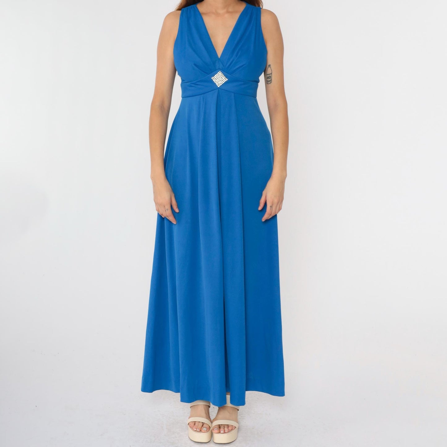 70s Blue Maxi Dress Rhinestone Empire Waist V Neck Sleeveless Small