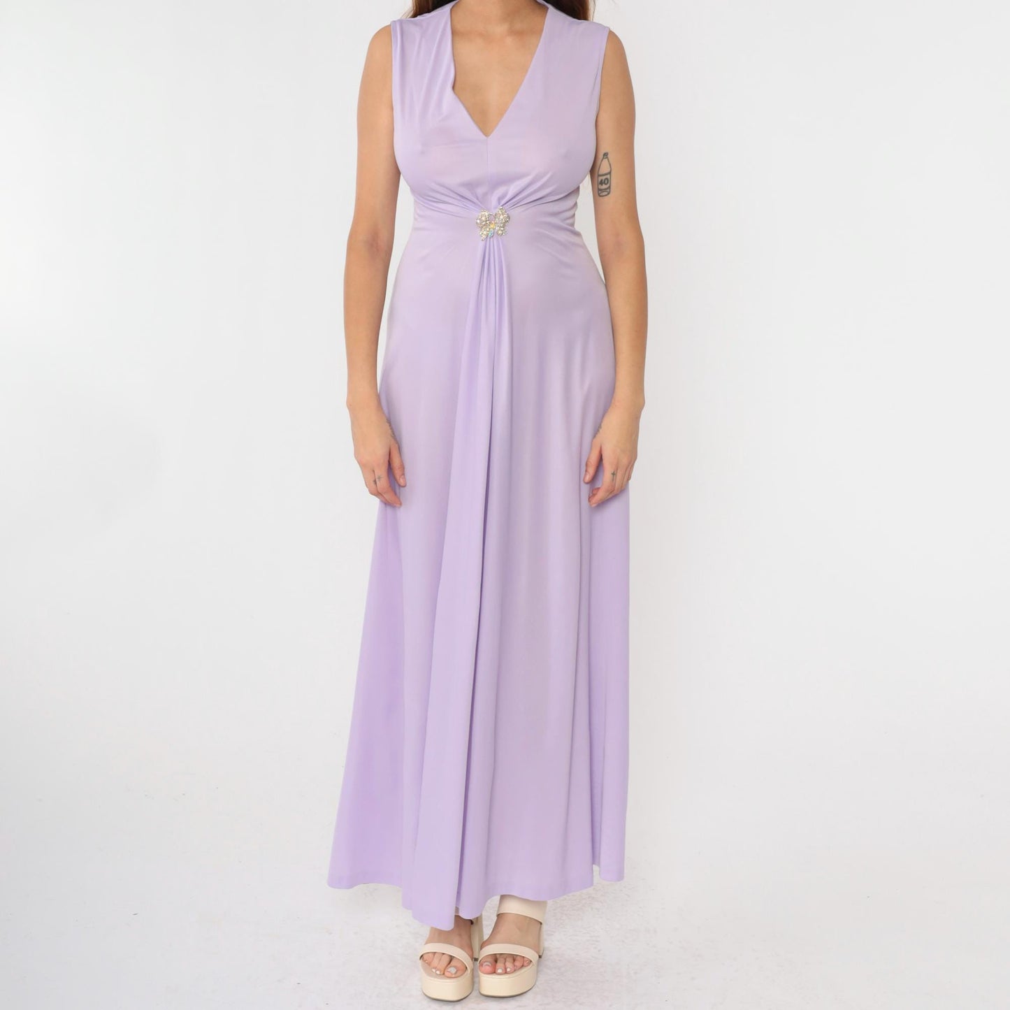 70s Lavender Maxi Dress Rhinestone Butterfly Deep V Sleeveless Small