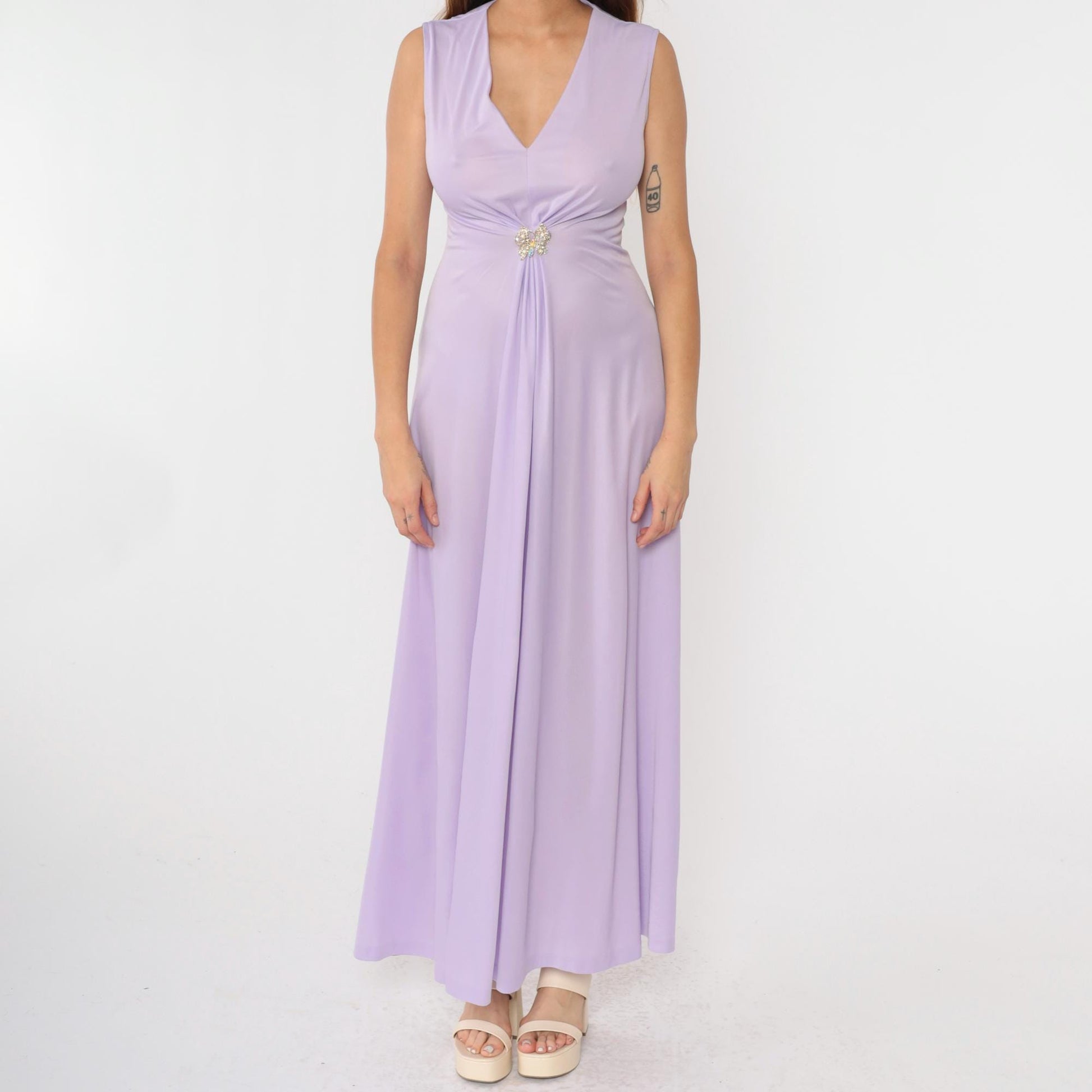 70s Lavender Maxi Dress Rhinestone Butterfly Deep V Sleeveless Small