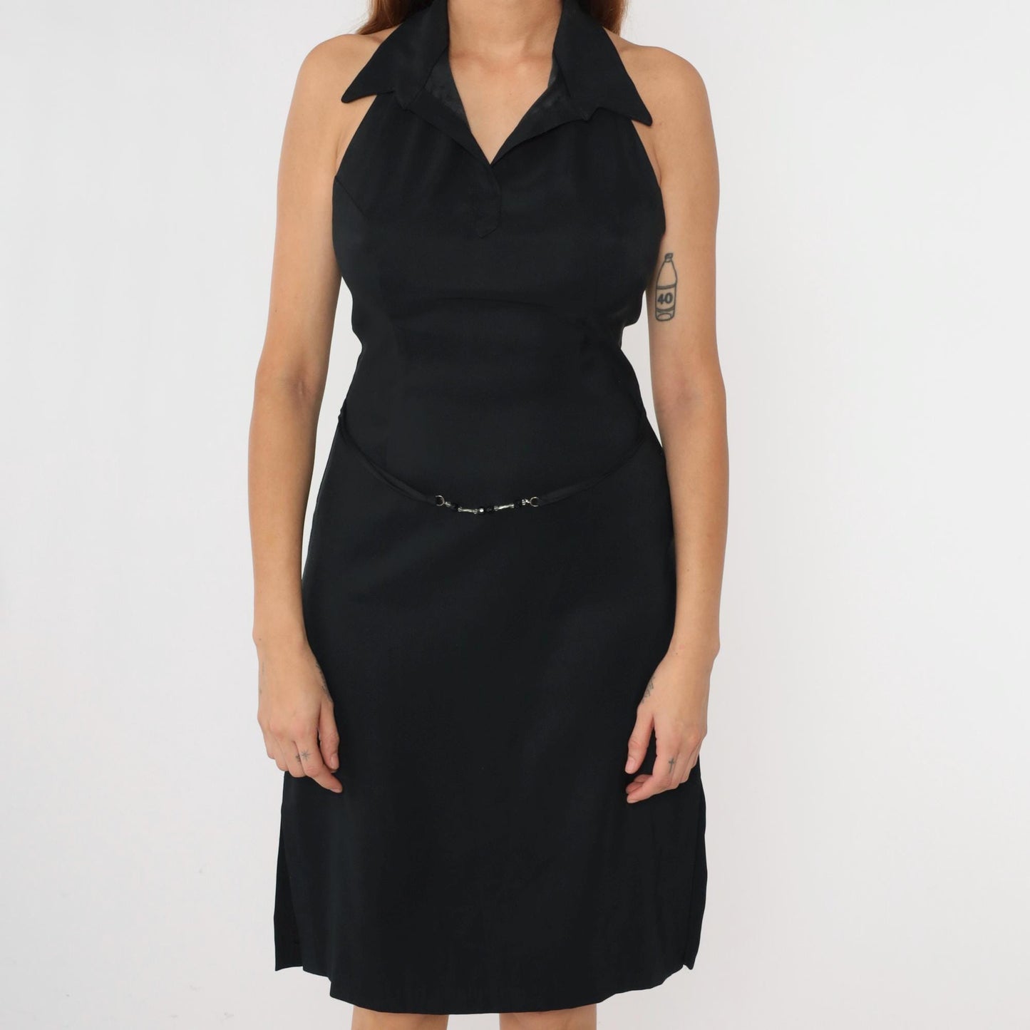 90s Black Halter Sheath Dress Open Back Midi Rampage Size 9