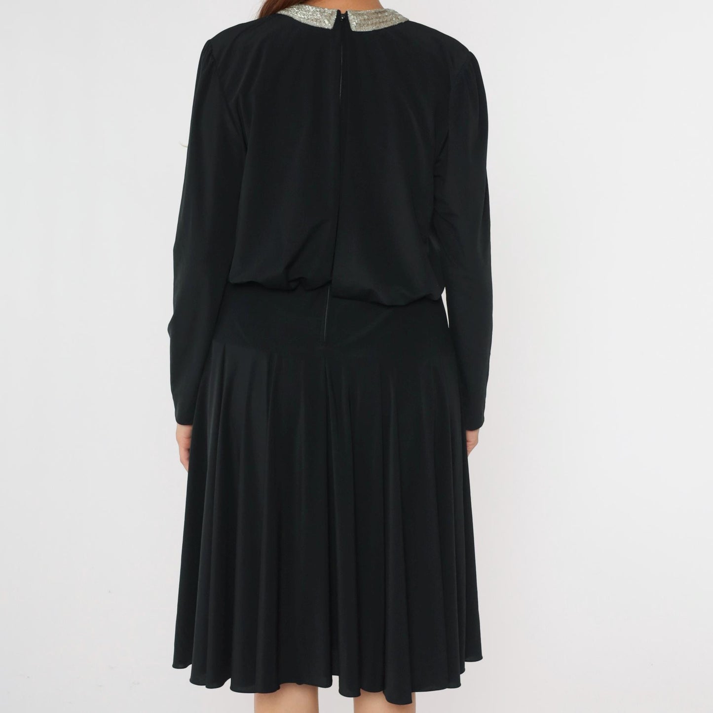 80s Ricki Lang Black Beaded Collar Midi Dress Drop Waist Long Sleeve Medium