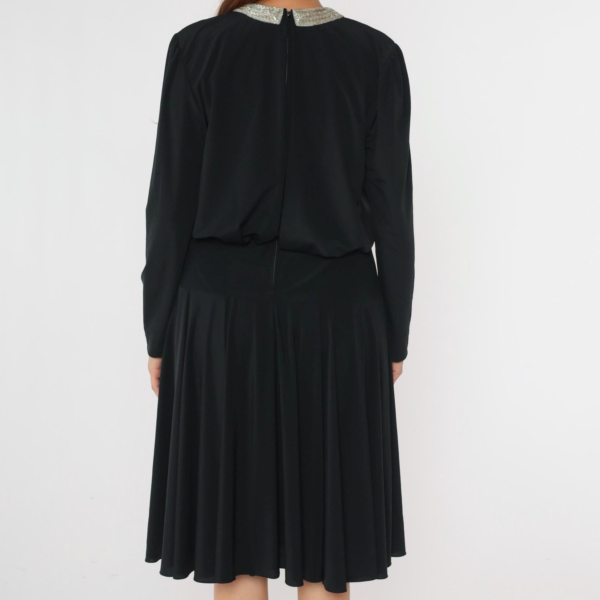 80s Ricki Lang Black Beaded Collar Midi Dress Drop Waist Long Sleeve Medium