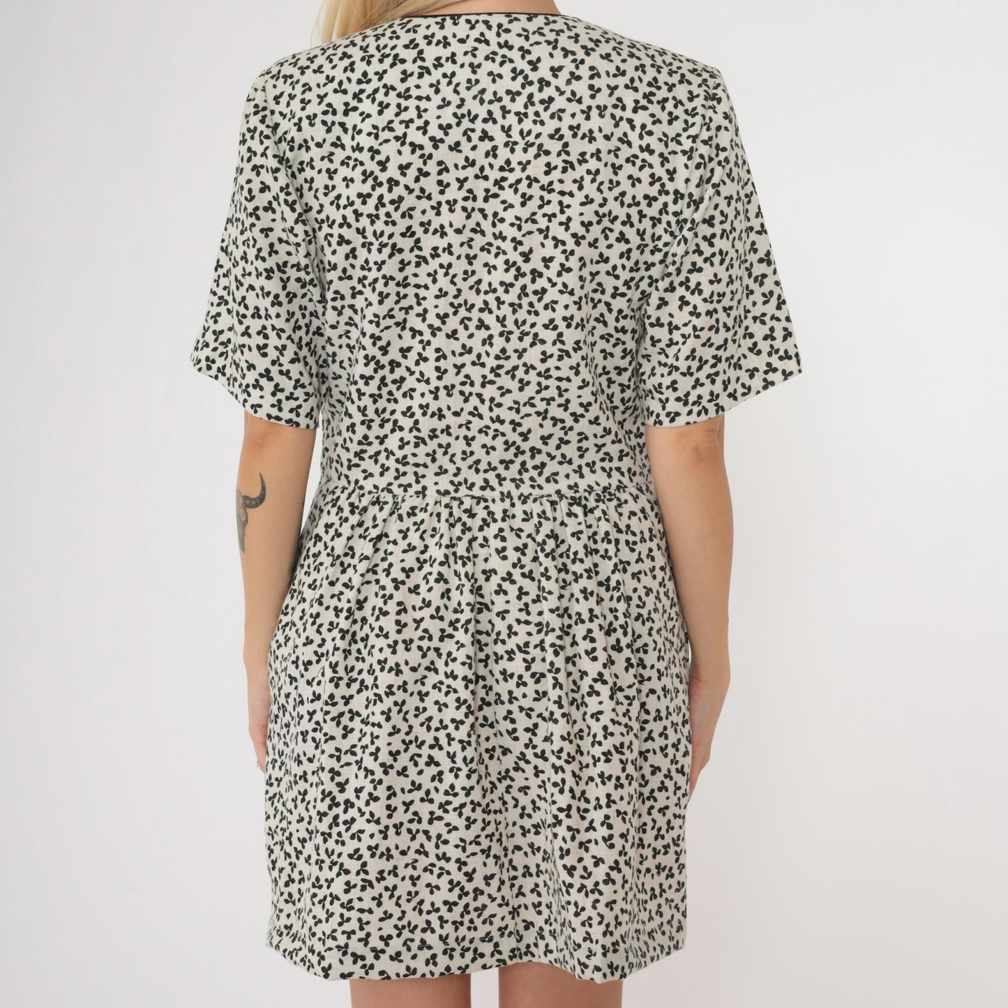 80s Lanz Originals Floral Mini Dress White Black Button-Up High Waisted Medium